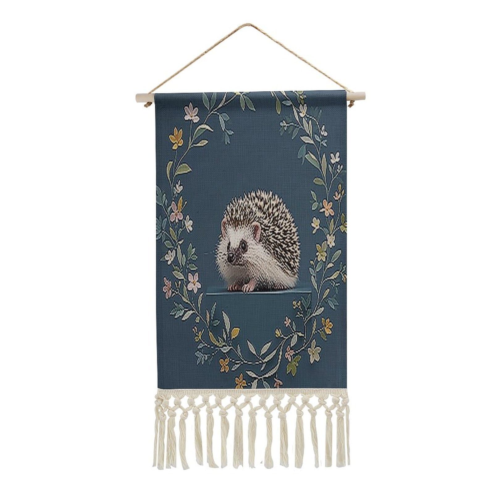 FekiLoot Cute Little Hedgehog Wall Art Poster Hanger Frame Vertical Tassel Tapestry Cotton Linen Hanging Poster Decorative Wall Art Prints Vintage Wall Art Decor for Home Bedroom Living Room Office