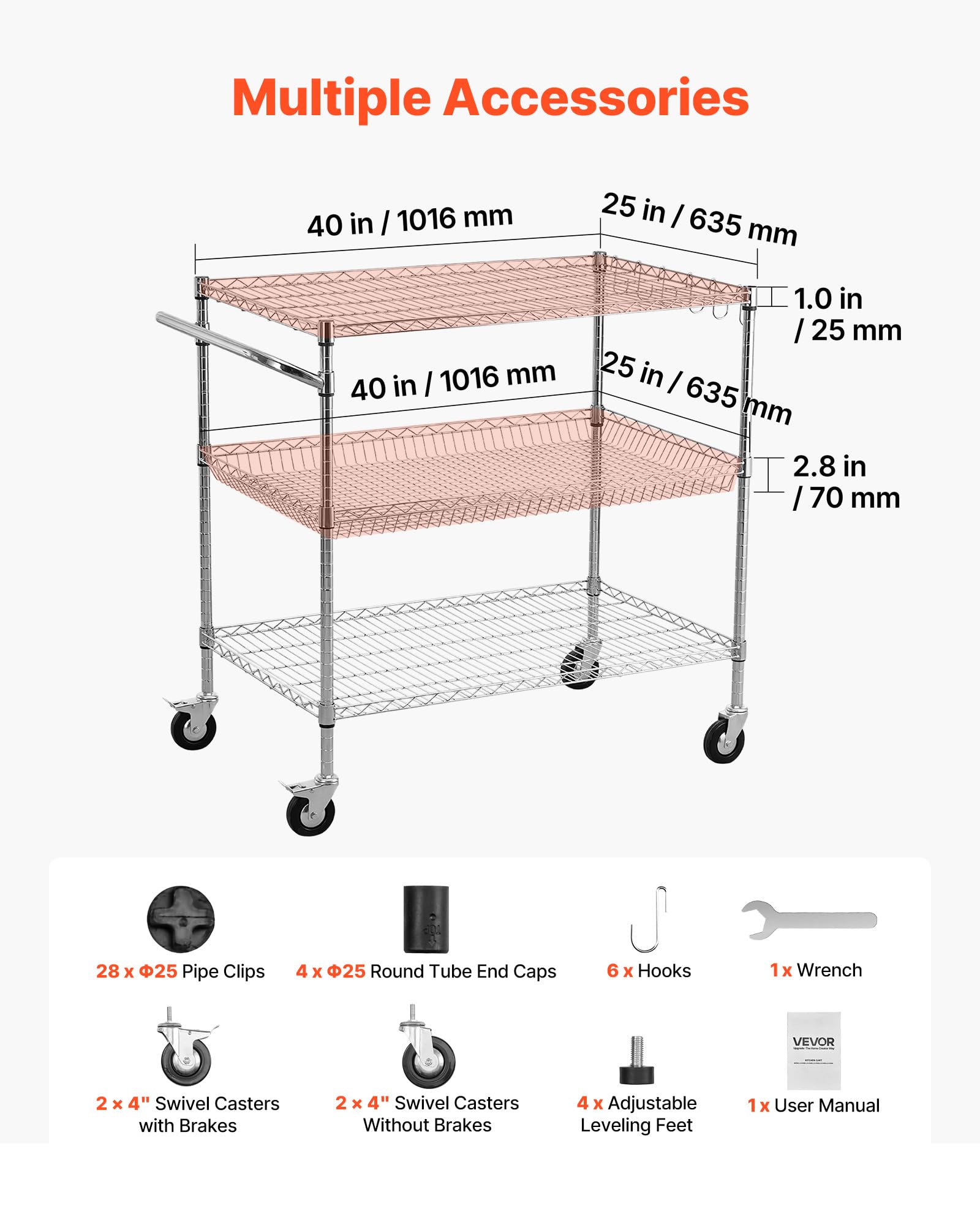 VEVOR Küchenwagen mit 3 Ebenen, Schwerlast-Servierwagen bis 454 kg, Rollwagen mit Höhenverstellbaren Drahtablagen und Griff, Metallregal auf Rollen für Küche, Garage & Waschküche, 1016 x 635 x 1040 mm