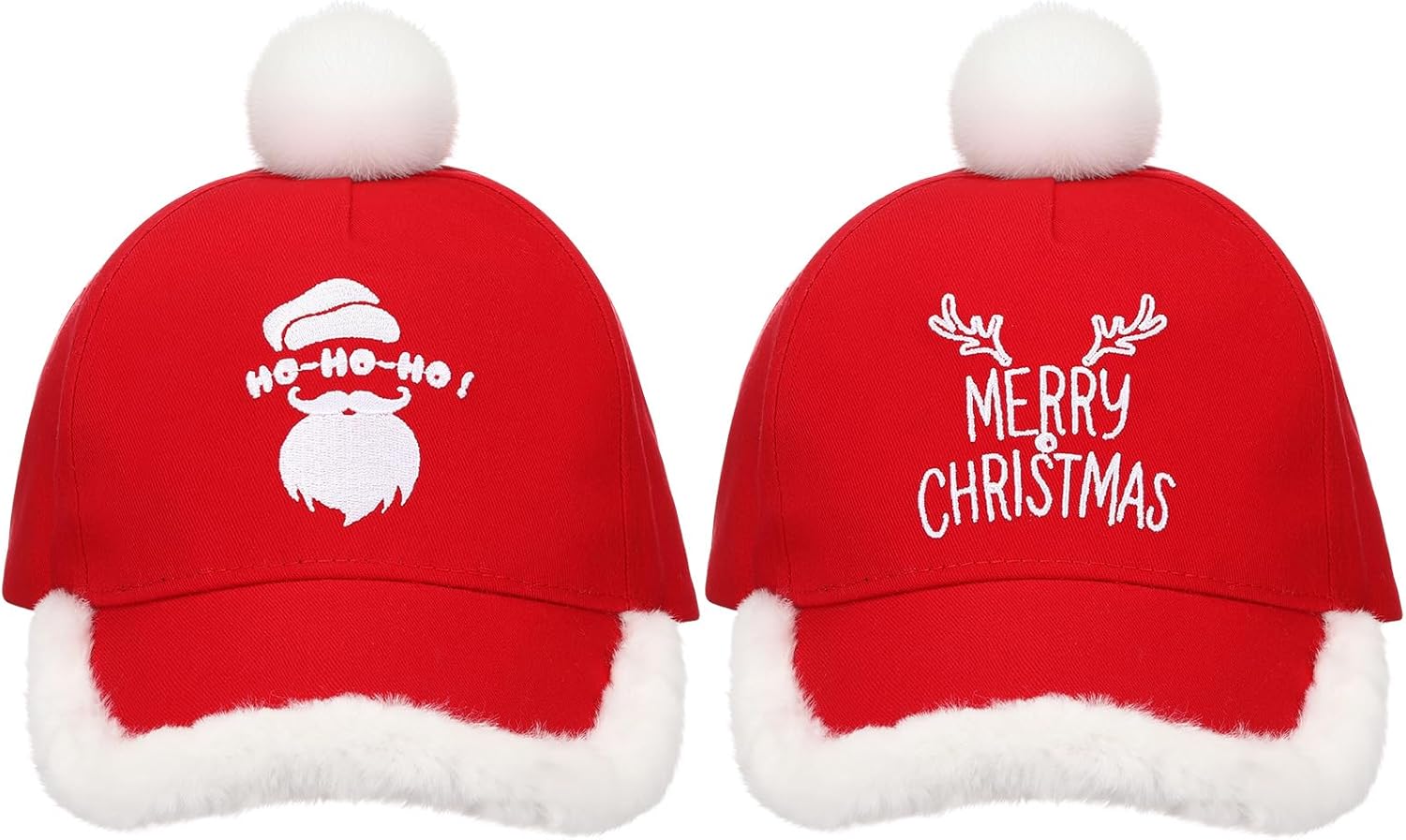 Ramede 2pcs Christmas Santa Baseball Hat Embroidered Santa Baseball Cap with Fuzzy Fur Pom Merry Chistmas Holiday Cap Unisex