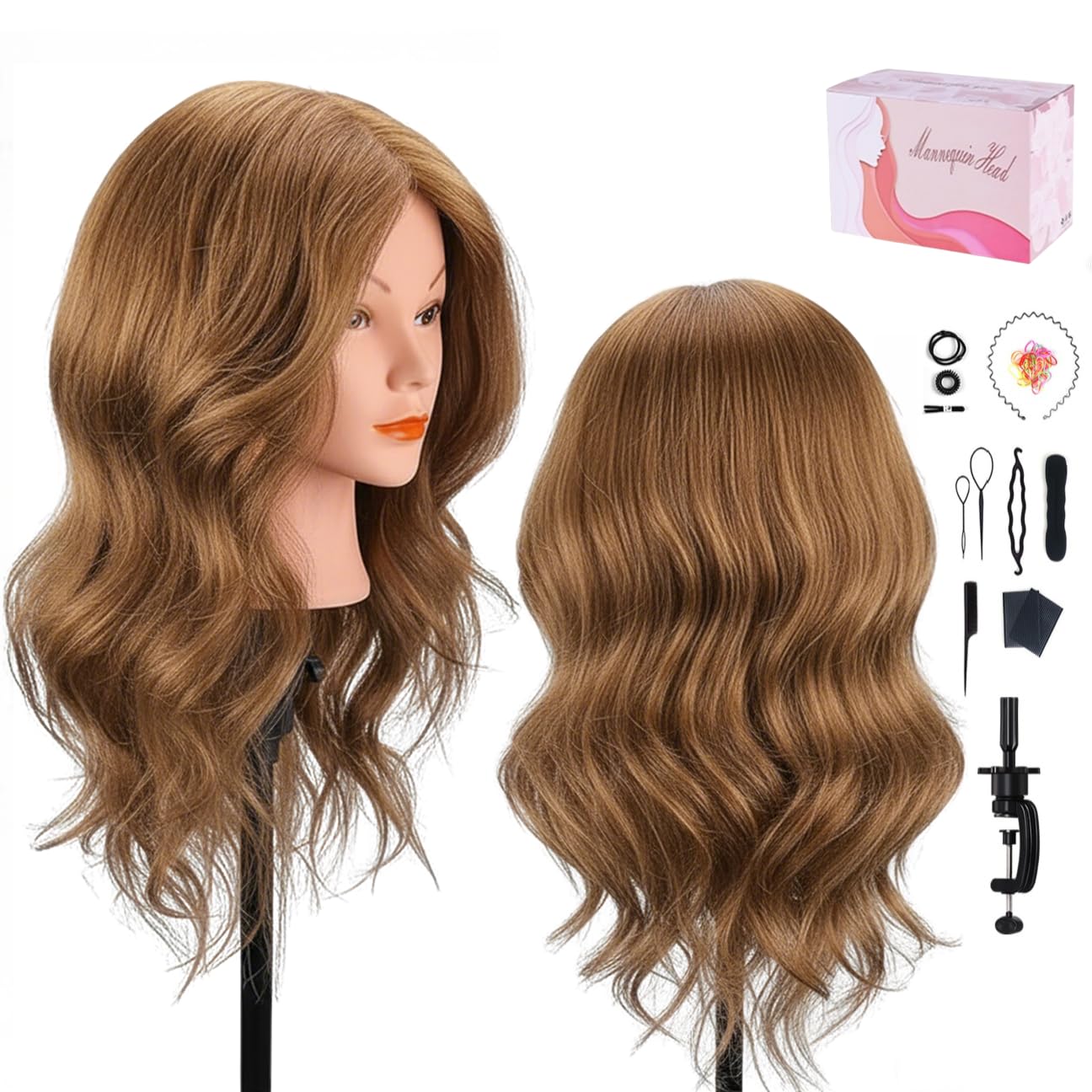 MYSWEETY Mannequin Head with 100% Human Hair, Doll Head for Hair Styling, Manikin Head Cosmetology Makeup Hairdressing Training Head with Clamp Holder and Tools(18" Brown, Makeup)