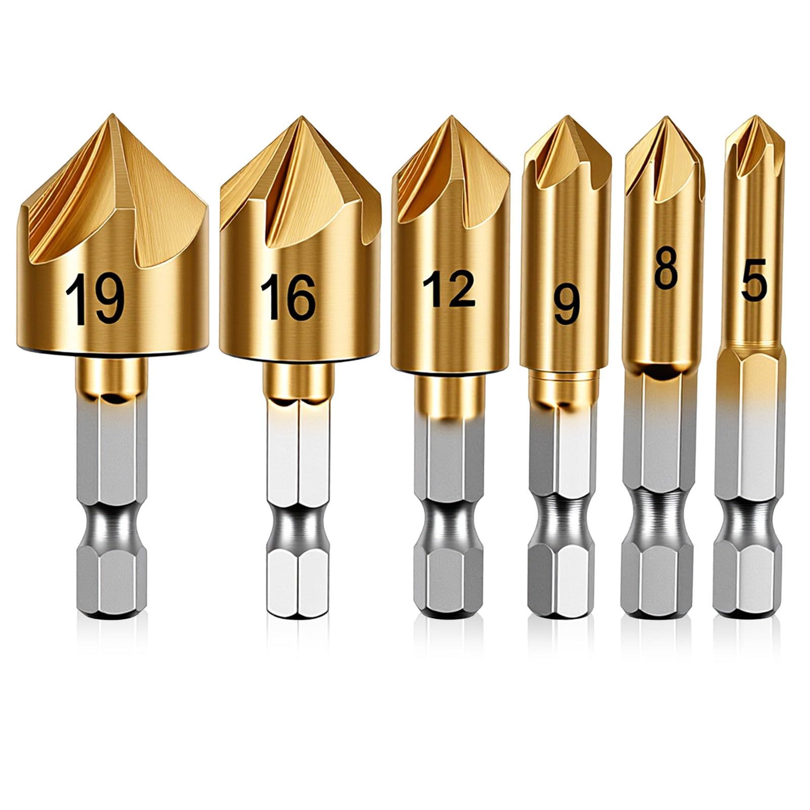 6PCS Countersink Drill Bit for Wood, Carbon Steel Drill Bits for Wood, Metal, Plastic, 1/4”, 3/8”, 1/2”, 5/8”, 3/4” Hex Shank, Countersink Drill Bit for Woodworking and DIY Projects