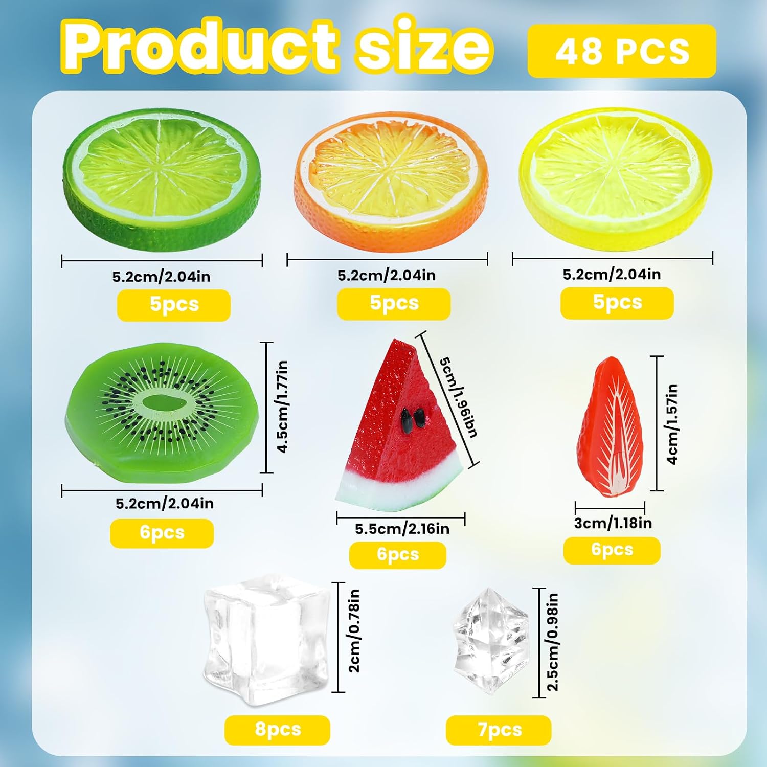 48Pcs Fake Fruit Ice Cubes,Artificial Fruits for Decoration,Faux Fruit Decor Realistic,Fake Lemon Slices Watermelon Strawberries Fruits with Ice Rocks for Tumblers Vase Decor Bake Crafts