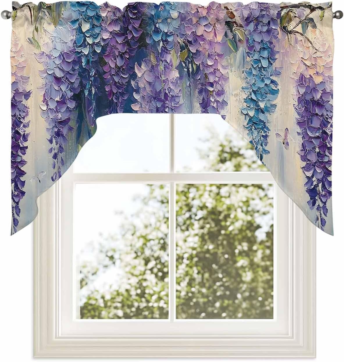 Flower Butterfly Swag Valances for Windows, Blue Purple Spring Oil Painting Floral Swag Curtains for Kitchen, Living Room, Small Window Treatments Drapes Curtains for Cafe, Bathroom, Bedroom, 56"x36"