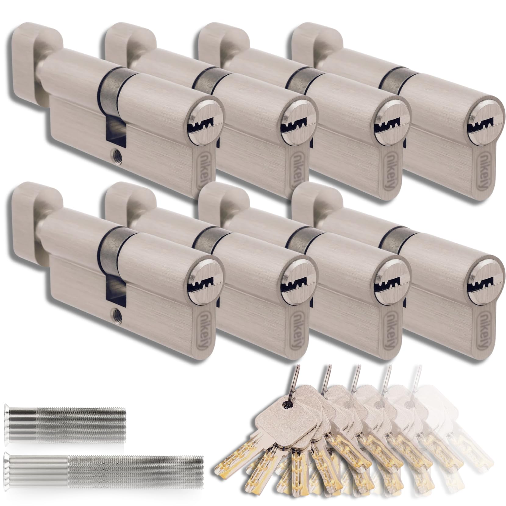 Set of 8 Brass Knob Cylinders 45/45mm, Knob Lock, Screws and Keys Included, Easy Installation, Lock for Doors and Garages, Single Key, Total Length 90mm