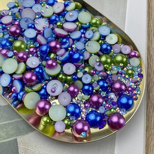 Miniatura 9 de Mezcla de diamantes de imitación de media perla azul para manualidades, tamaño mixto, 0.118in-0.394in, diamantes de imitación de resina media