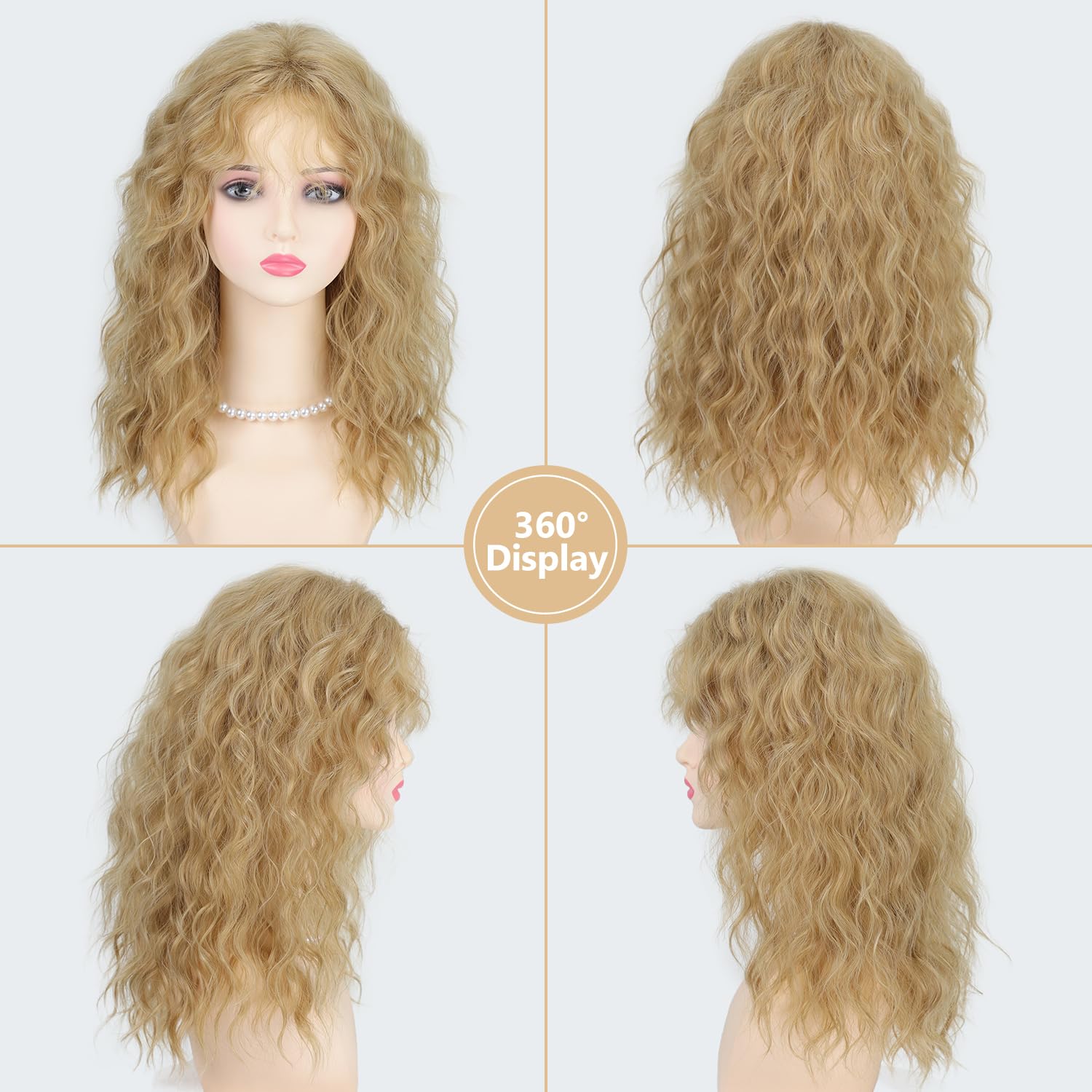SEVENCOLORS Long Blonde Wavy Wigs with Bangs Natural Medium Length Curly Wigs for Women Soft Synthetic Hair Cosplay Halloween Costume Blond Wig