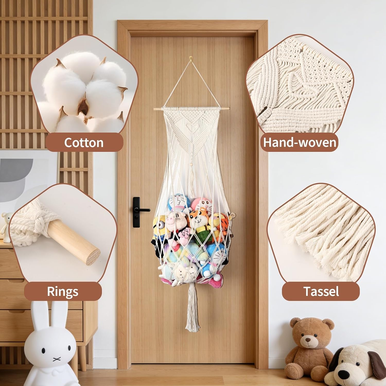 Stuffed Animal Storage, 5Ft Corner Hanging Stuffy Toy Hammock, Large Stuffed Animal Holder Organizer with Hooks, Macrame Plushie Net for Nursery Kids Playroom Bedroom Decoration (Cream)