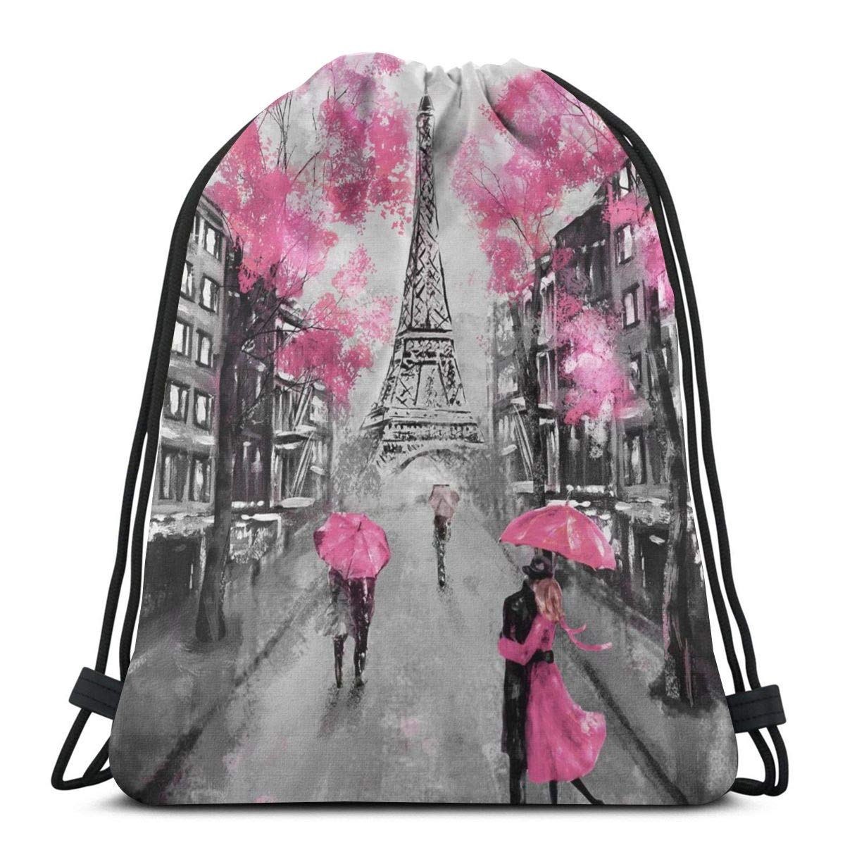 Drawstring Bags Art Paris Street Eiffel Tower Pink Floral Storage Pouch Bag Drawstring Backpack Bag Washable Dust-Proof Breathable Non-Transparent Travel Sport Gym Sackpack For Men Women