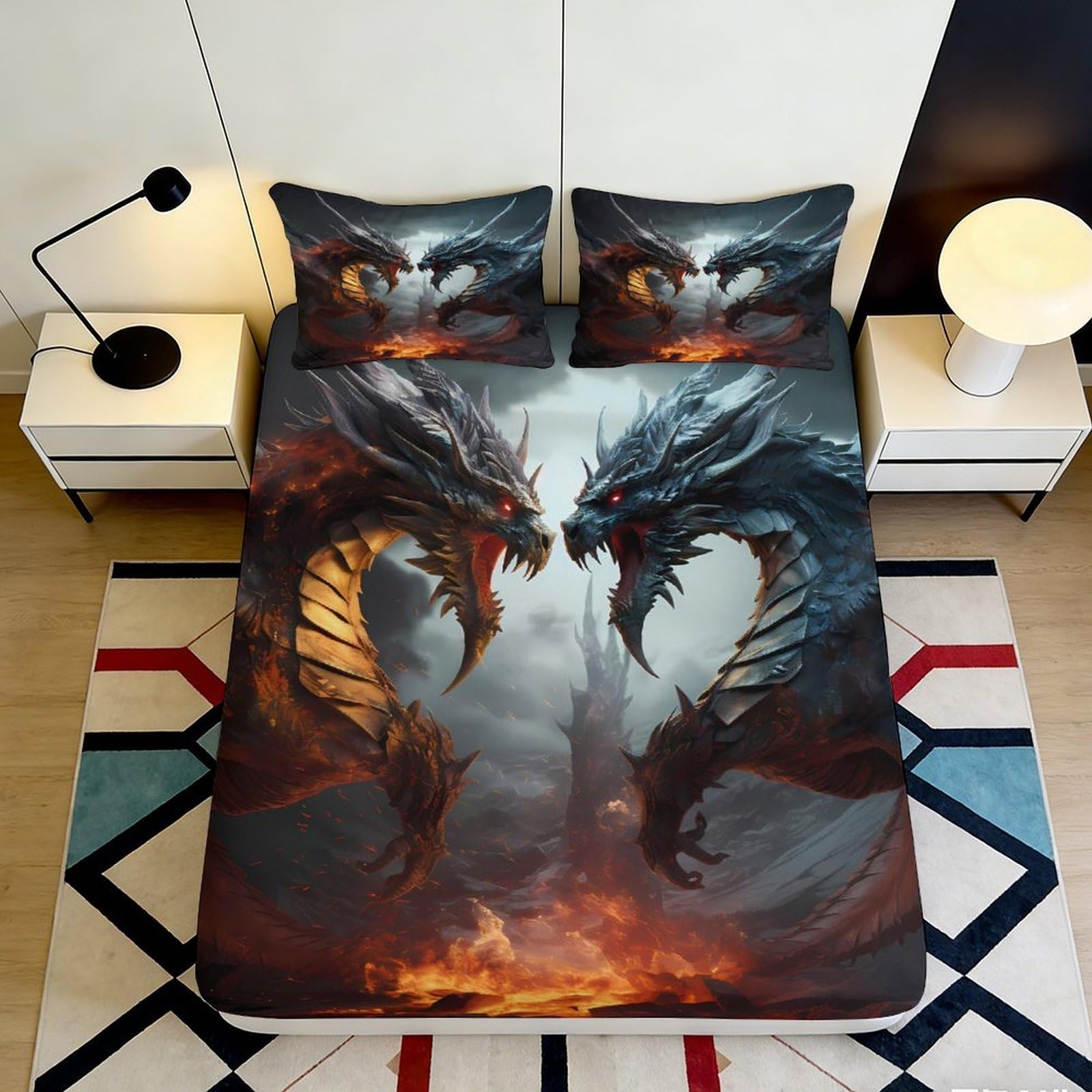 3D Printed Fiery Dragon Fitted Sheet Microfiber Bed Cover Fantasy Blue Red Art for Bedroom Dorm Decor 90x200x25cm