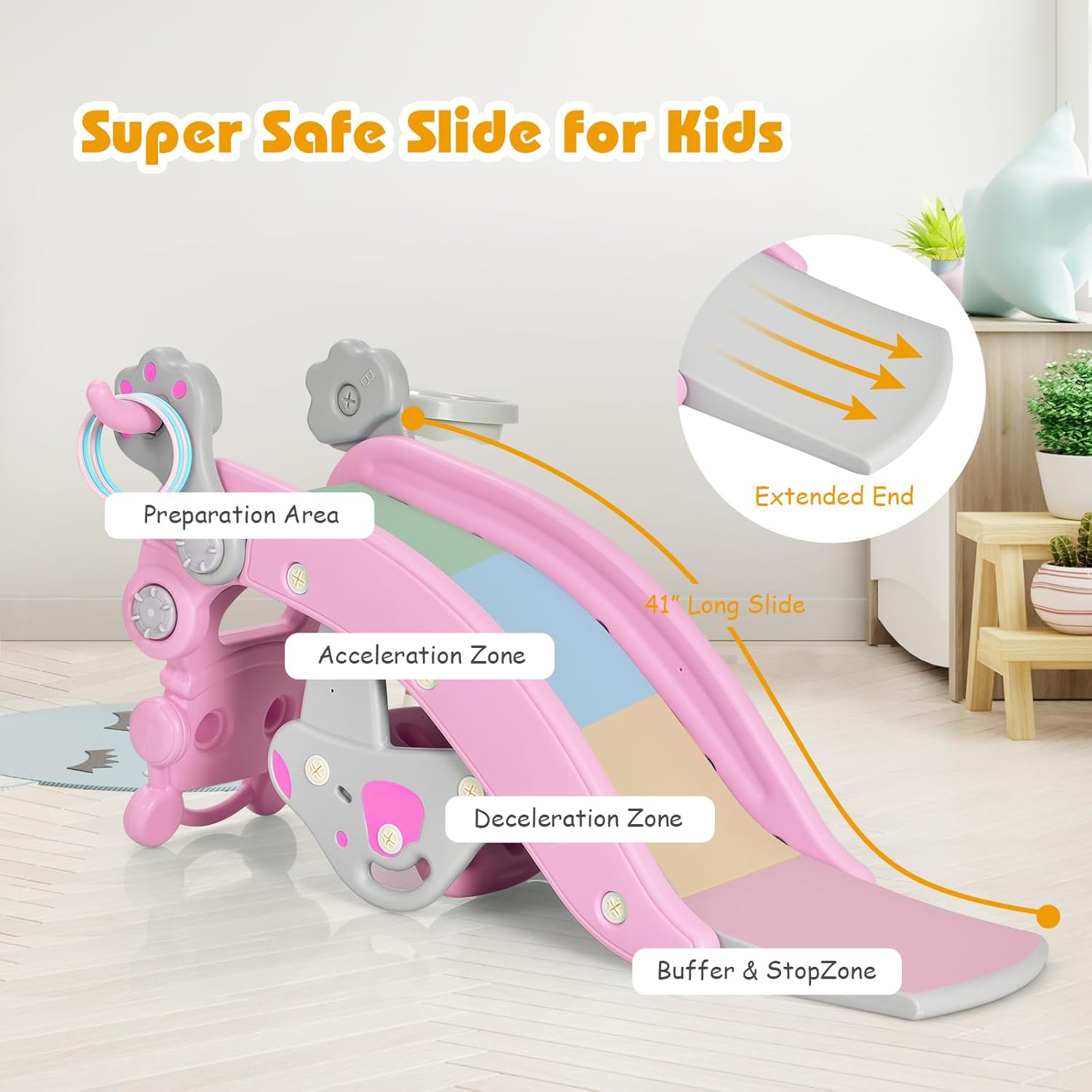Costzon 5 in 1 Toddler Slide Rocking Toy, Slide for Kids with Detachable Stool, Basketball Hoop and Ring Game, Foldable Climber Playground Slide for Both Indoors Outdoor Use (Pink Penguin)