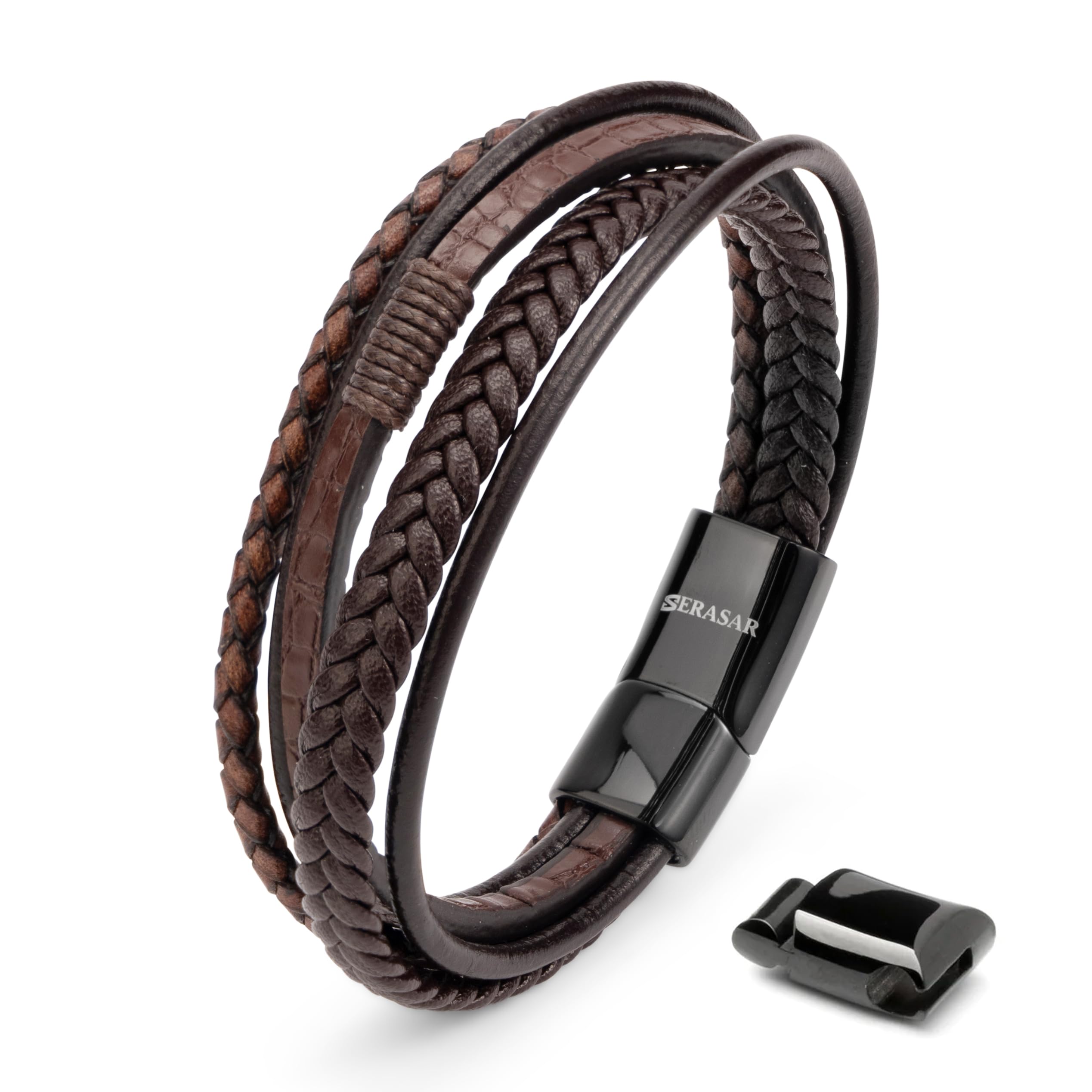 SERASAR | Premium Bracelet for Men in Genuine Black & Brown Leather | Magnetic Stainless Steel Clasp | Jewelry Box Included | Great Gift Idea