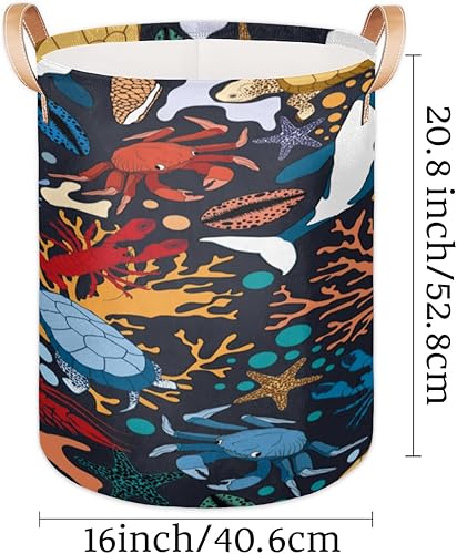 Miniatura 7 de Cesta de lavandería con asas de ballenas, tortugas y cangrejos, plegable, para baño, dormitorio, toallas