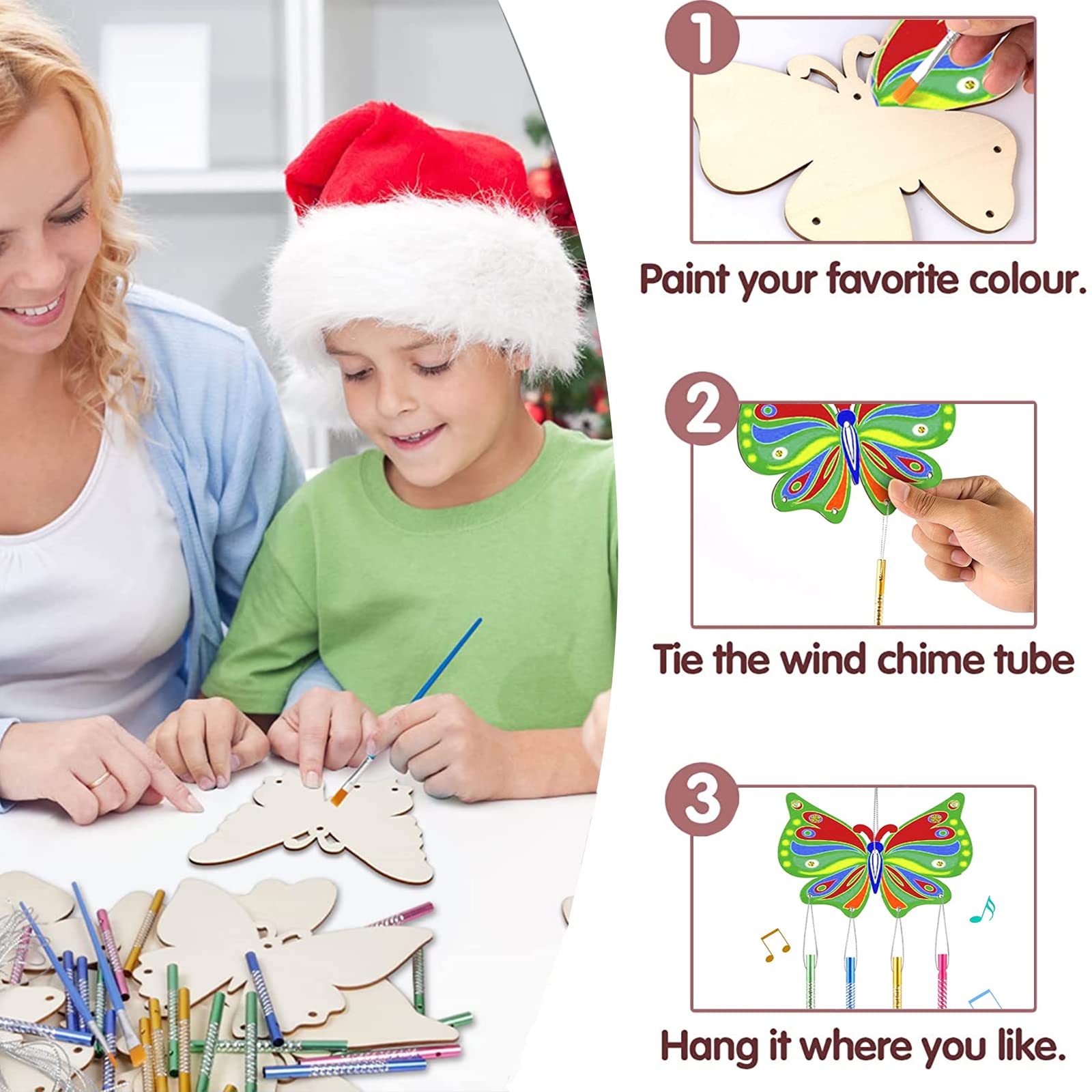 Juego de 8 piezas de carillón de viento de mariposas, juego de manualidades para niños, mariposas, madera, cumpleaños, manualidades, juegos creativos, discos de madera con 2 pinceles de pintura