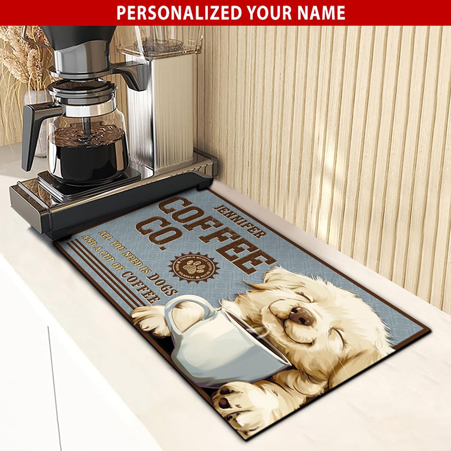 THUYPT Personalized Dog Coffee Bar Mat, Coffee Drying Mat for Home Bar, Absorbent Coffee Maker Mats for Countertop, Dog Lover Gifts (05)