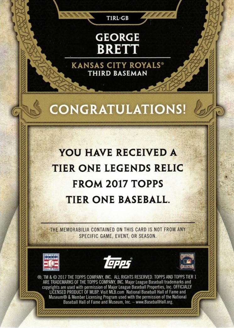 2017 Topps Tier One Relics Legends #T1RL-GB George Brett Game Worn Royals Jersey Baseball Card - Only 200 made!