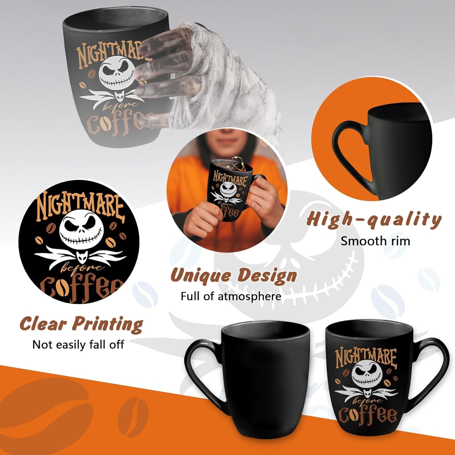 Pycat Jack Ceramic Black Coffee Mug Gifts, Nightmare Before Coffee Tea Cup with Handle, Halloween Christmas Holiday Gifts for Friends Women Men Novelty Funny Drink Mugs 13 oz - Image 3