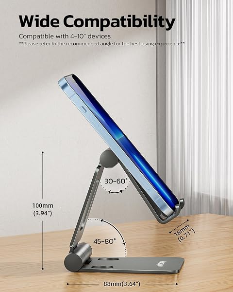 Nulaxy Dual Folding Cell Phone Stand, Fully Adjustable Foldable Desktop Phone Holder Cradle Dock Compatible with iPhone 17 16 15 14 13 12 11 Pro Max Xs Xr X 8, Nintendo Switch, All Phones - Gray - 3