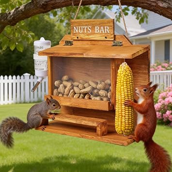 Large Size Squirrel Picnic Table Feeder, One-Piece Hanging Squirrel Feeders for Outside Tree, Funny Squirrel Feeder with Water Feeder, Wooden Chipmunk Feeder Box for Corn Peanuts, No Assembly Required