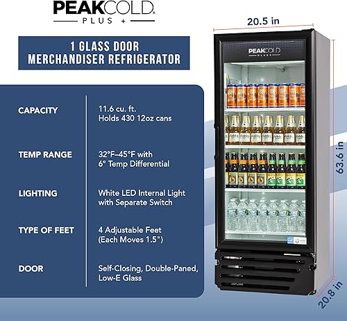 Vista 33 de PEAKCOLD+ 2-Door Upright Display Refrigerator - 25.7 Cubic Ft Energy Efficient Black Merchandiser Refrigerator With Glass Doors, White Interior &