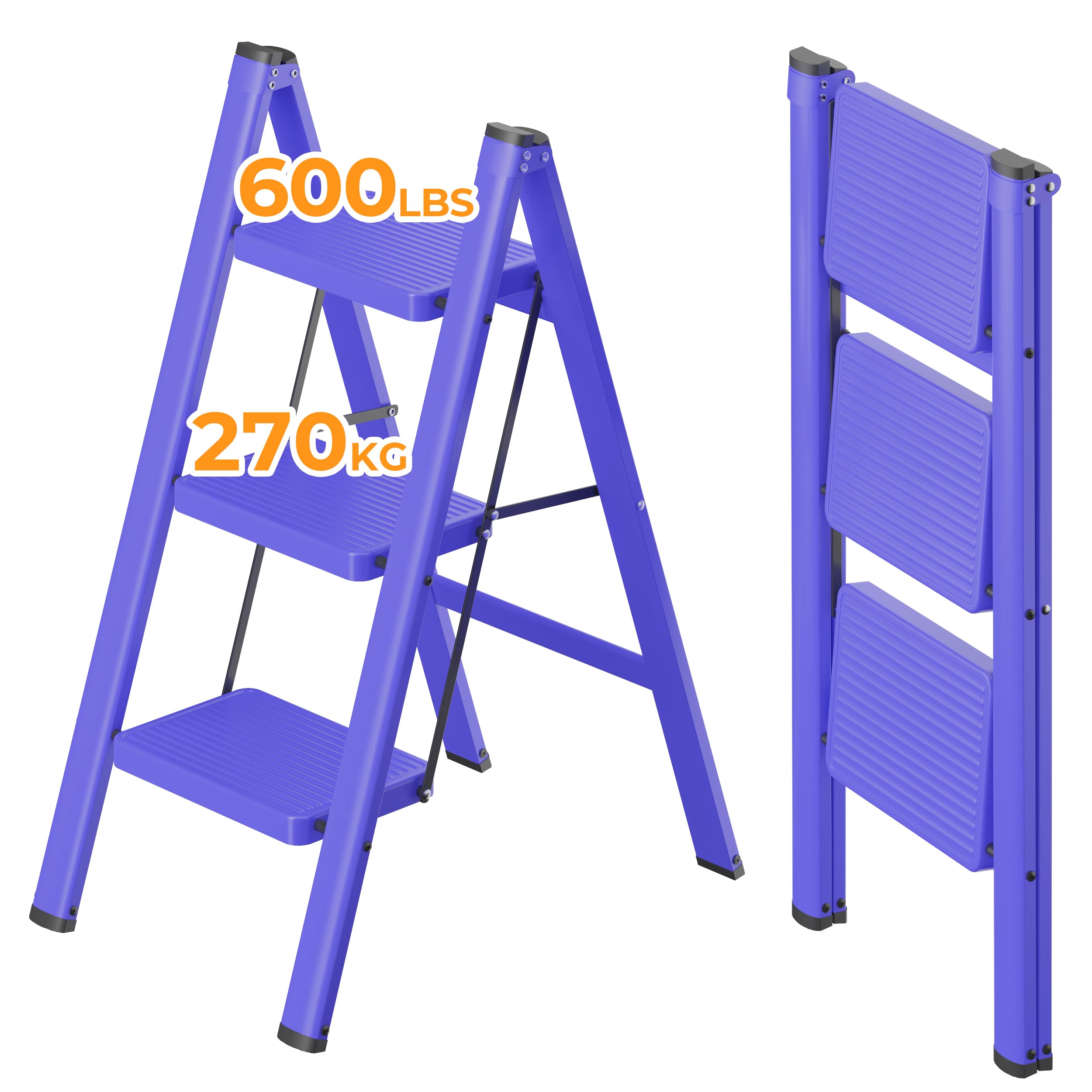 JOISCOPE 3 Step Ladder,Lightweight Folding Step Stool with Anti-Slip Pedal,600 lbs Portable Sturdy Steel Ladder for Adults,Multi Purpose Folding Ladder for Home Kitchen Office,Space Saving, Blue