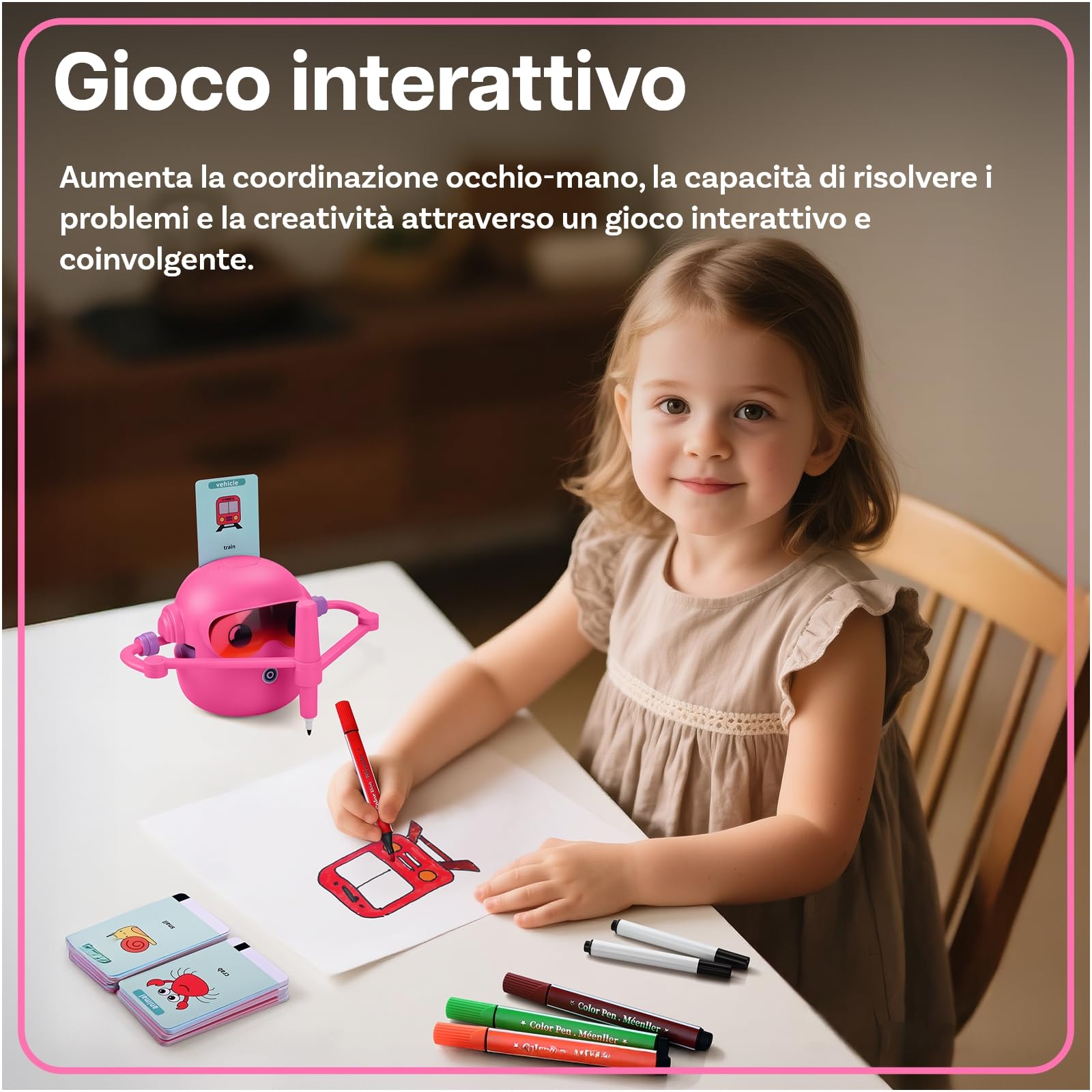 MMOBIEL Robot da Disegno per Bambini Giocattolo Educativo Interattivo con 100 Carte, 12 Pennarelli Colorati, Guida Vocale e Batteria Ricaricabile USB-C – Regalo Creativo per Età 3-9 – Rosa