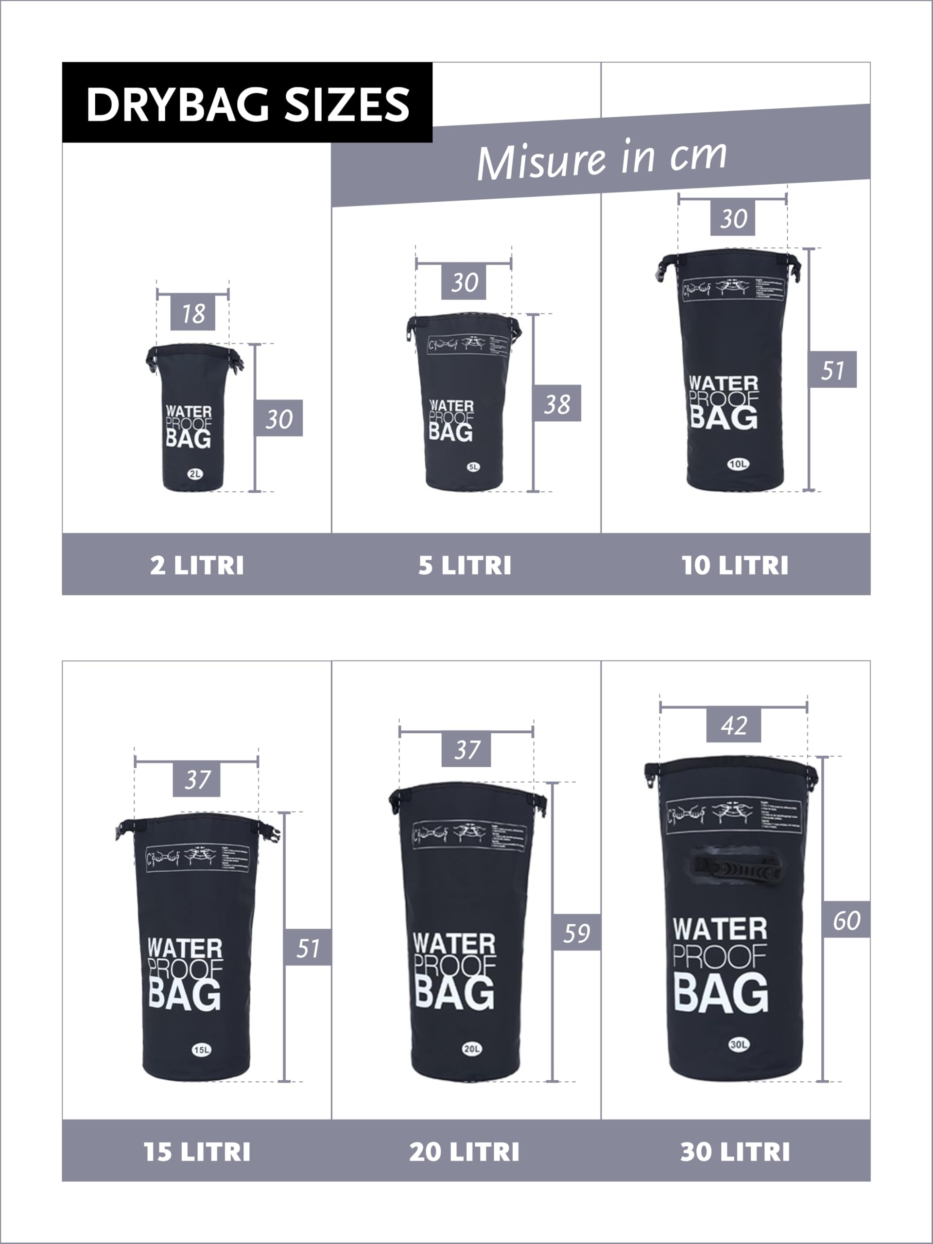 DonDon Dry Bag Borsa Impermeabile da 2l, 5l, 10l, 15l, 20l, 30l con Tracolla