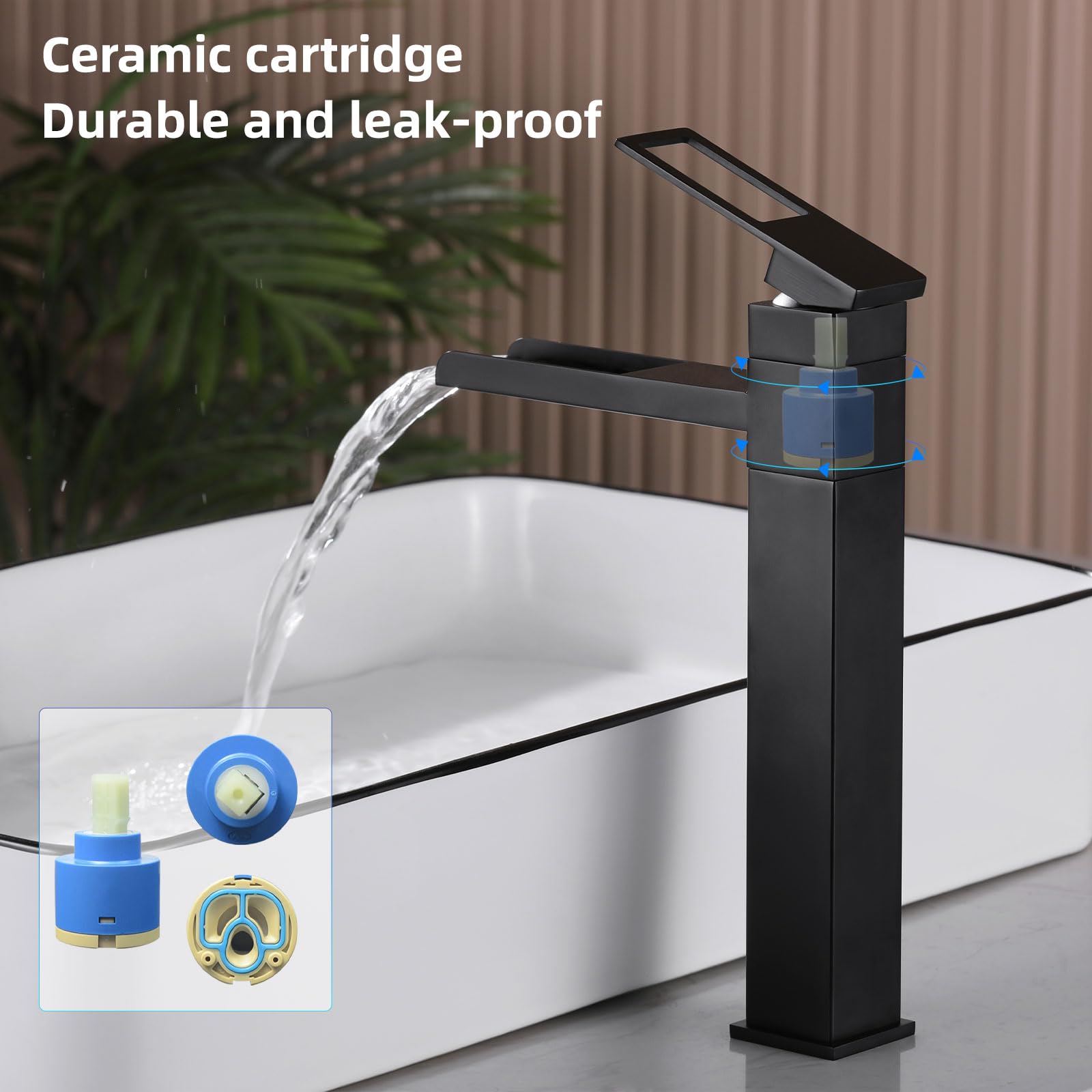 Rubinetto Bagno Lavabo Alto, Rubinetto per Lavabo Girevole a 360°, Miscelatore Monocomando Lavabo Cascata, Fredda e Calda Regolabile, Nero, 6M3OK-T