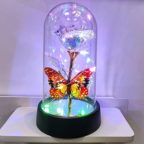 Miniatura 11 de Rosa de cristal en cúpula de cristal, flor iluminada, rosas eternas, regalos del día de San Valentín para ella, regalo de rosas del día de la madre
