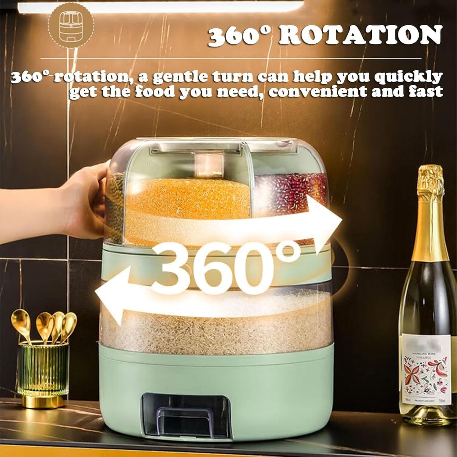 360° Rotatable Cereal Dispenser, 6 Grids Rice Dispenser Double Layer Dry Food Storage Container for Kitchen, One-Click Rice Output, Dry Rice Container for Beans Peanut Barley Millet,White