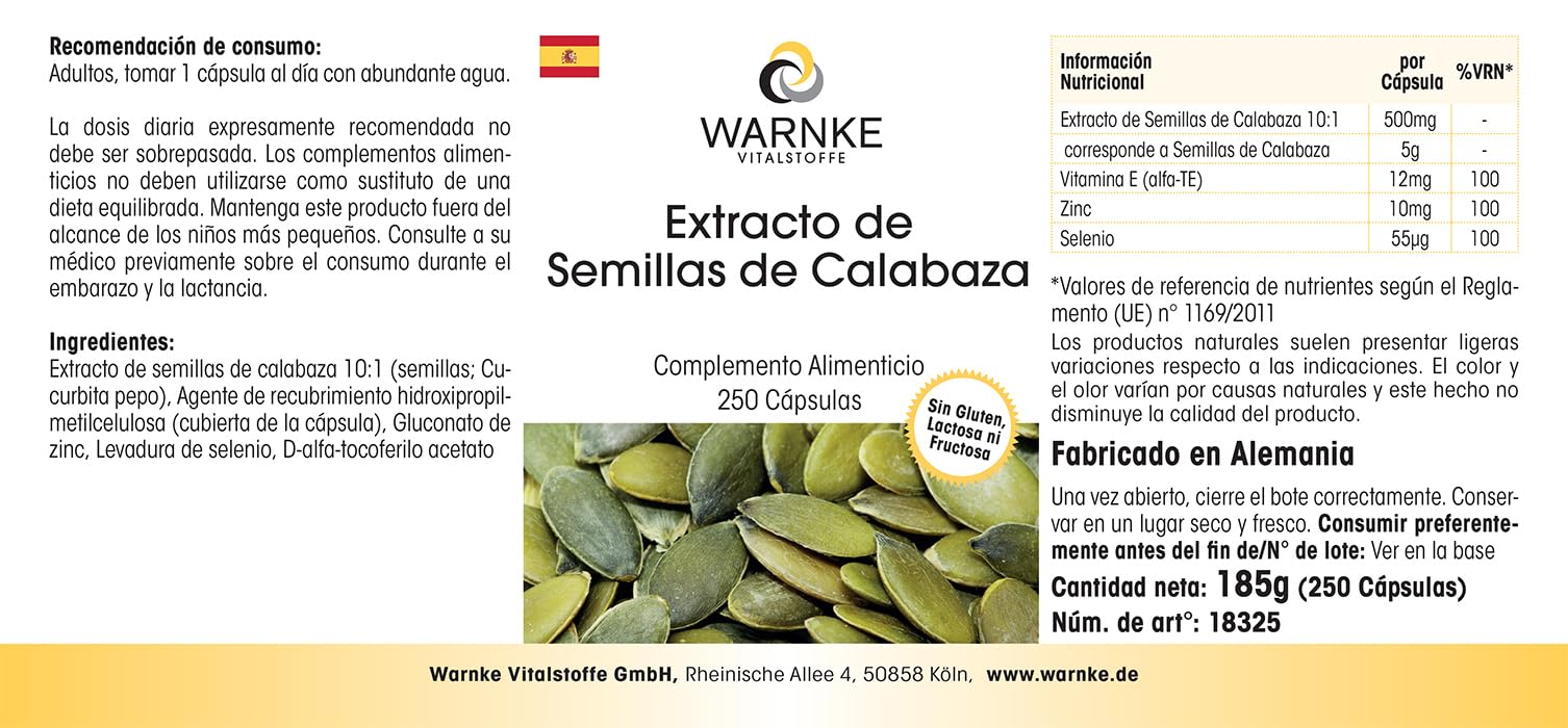 Extracto de semillas de calabaza 500 mg - 250 cápsulas - con vitamina E, zinc y selenio - alta dosis - envase grande | Warnke Vitalstoffe - Calidad de farmacia alemana