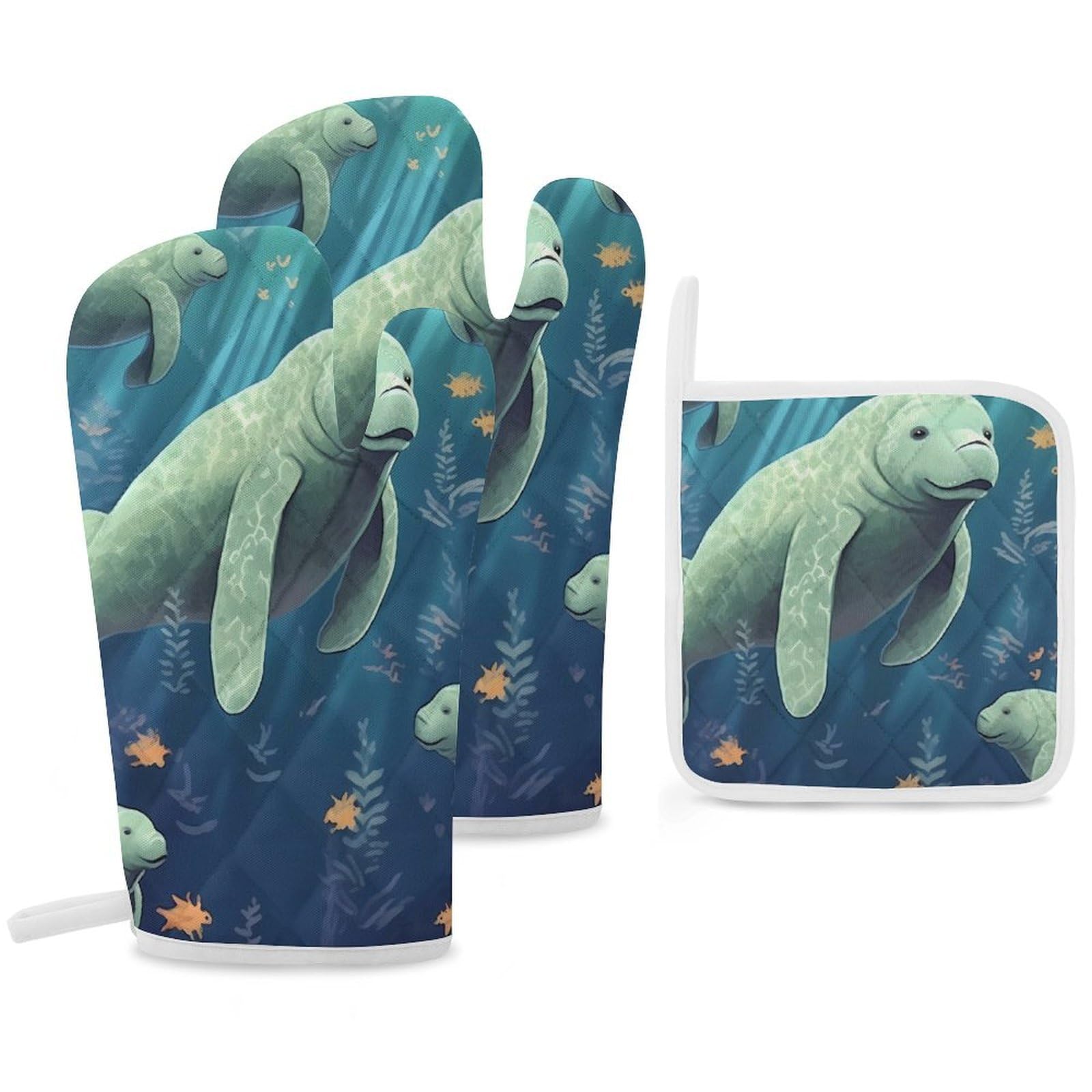 Oven Mitts And Pot Holders Sets of 3 Heat Resistant BBQ Gloves Manatee Animals Calf Oven Mitts Gloves Non-Slip Kitchen Mittens Potholders for Cooking Baking Grilling BBQ Microwave