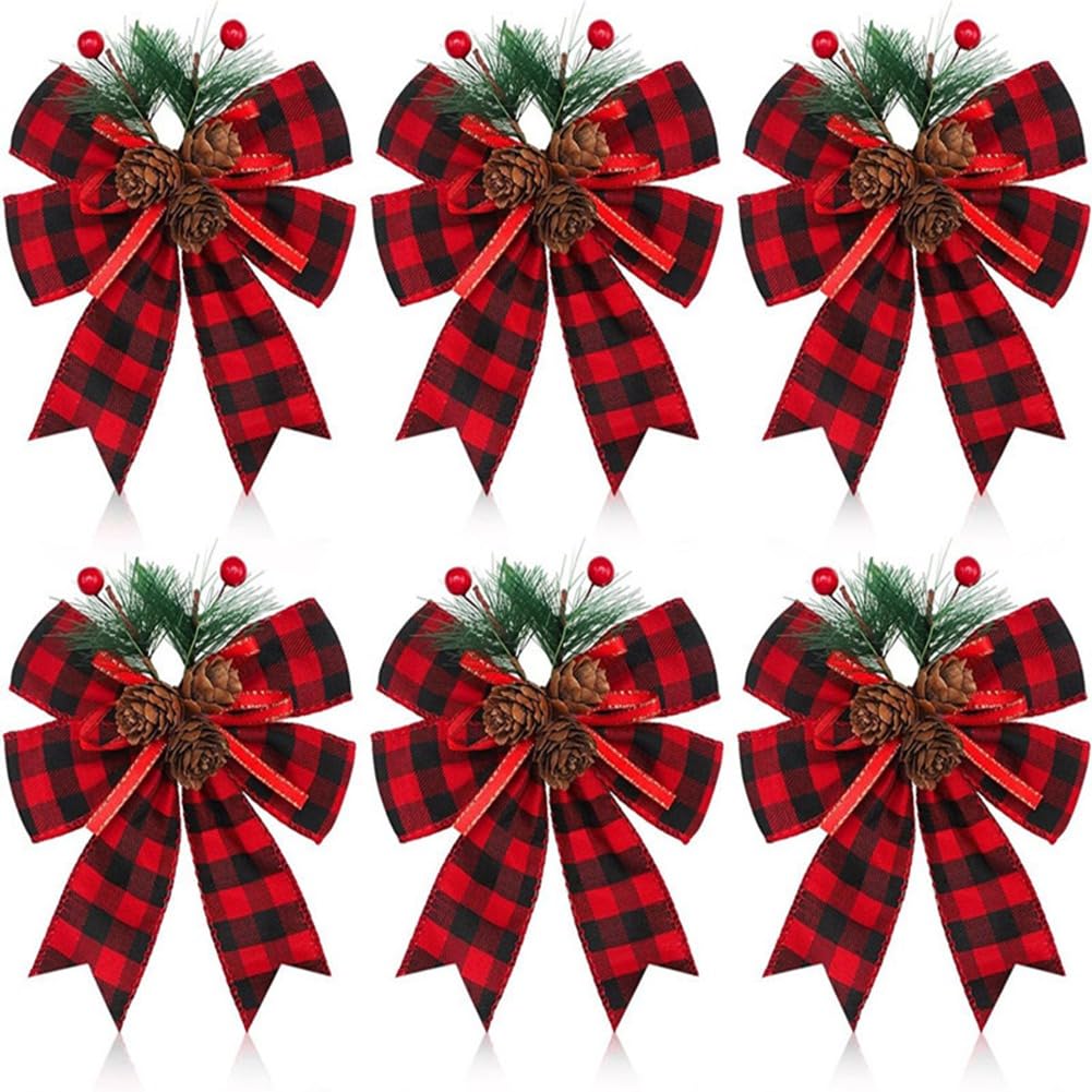 CTRLZS 12PCS Christmas Black Red Bow with Pine Cones Pine Needles Xmas Checkered Ribbon Bow Christmas Tree Decoration Bows