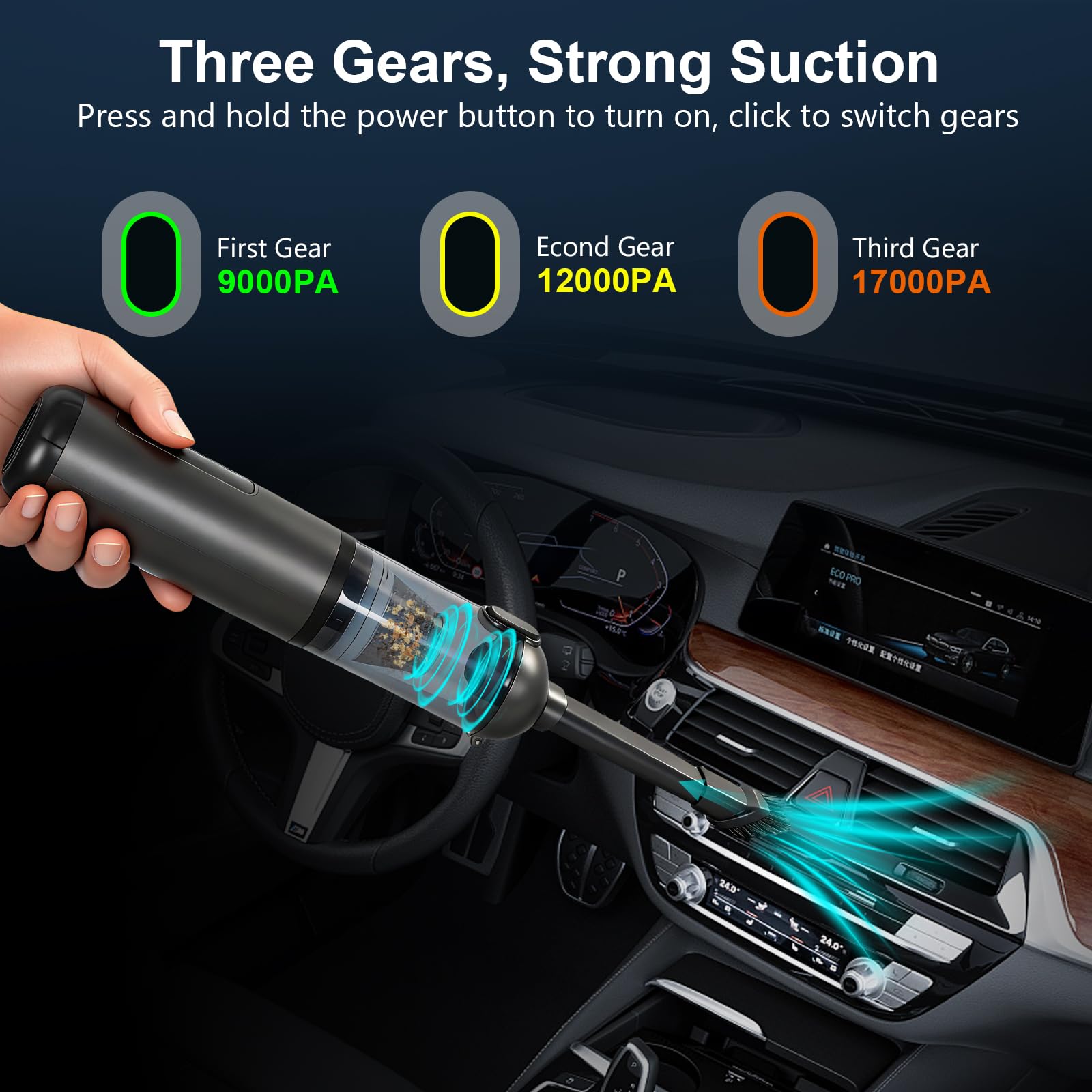Aspirapolvere portatile per auto, senza fili, 17000Pa 2 in 1, aspirapolvere e spolverino ad aria, motore brushless da 100 W, senza fili, con batteria da 6000 mAh, ugelli multipli per auto, casa