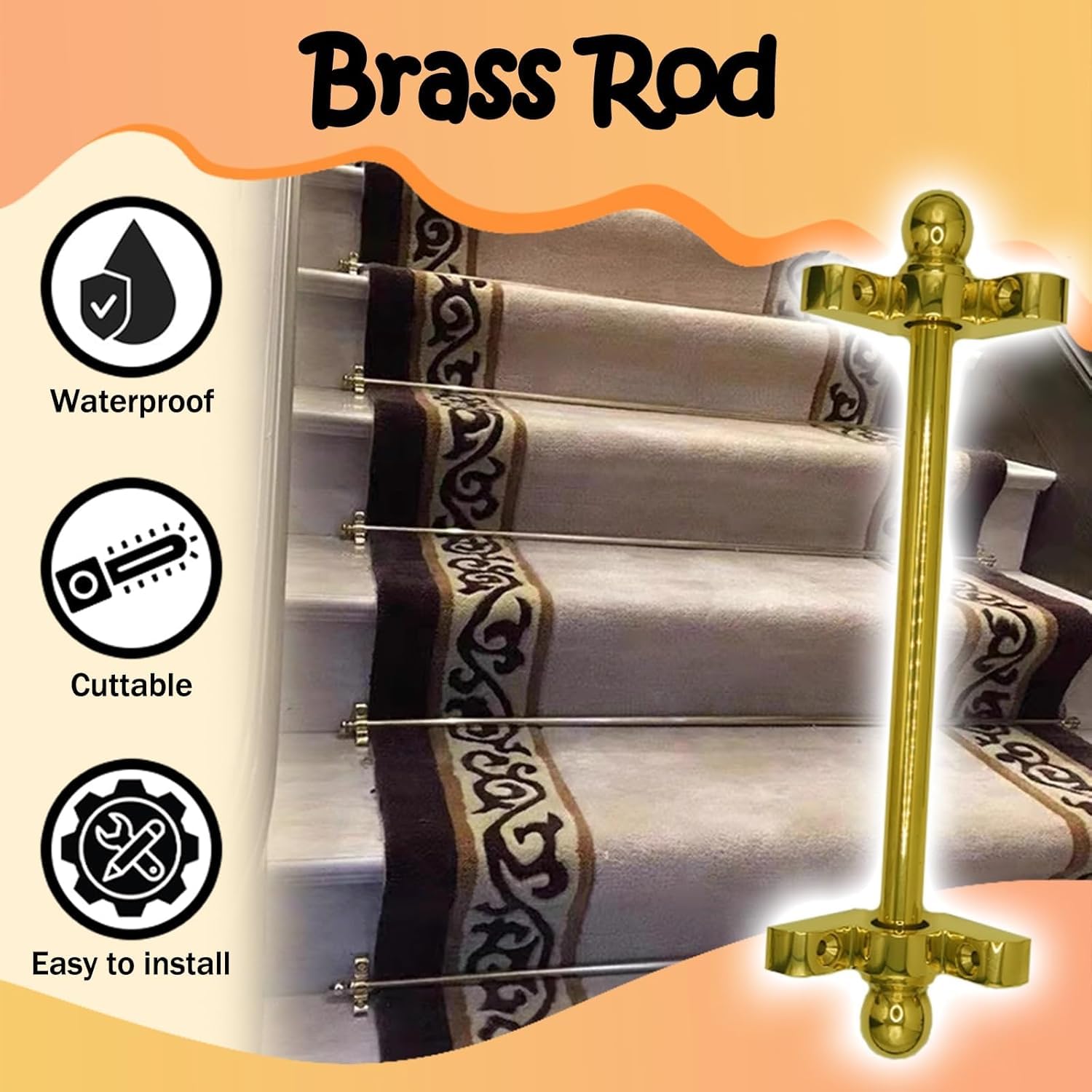 Stairway Carpet Brass Pressure Rods for Hotel, Carpet Clips Fixing Holder Modern Style Stairs Inside Brass Rod Tubes/Stair Fixed Bars(Brass-10pcs,29.5in/75cm)