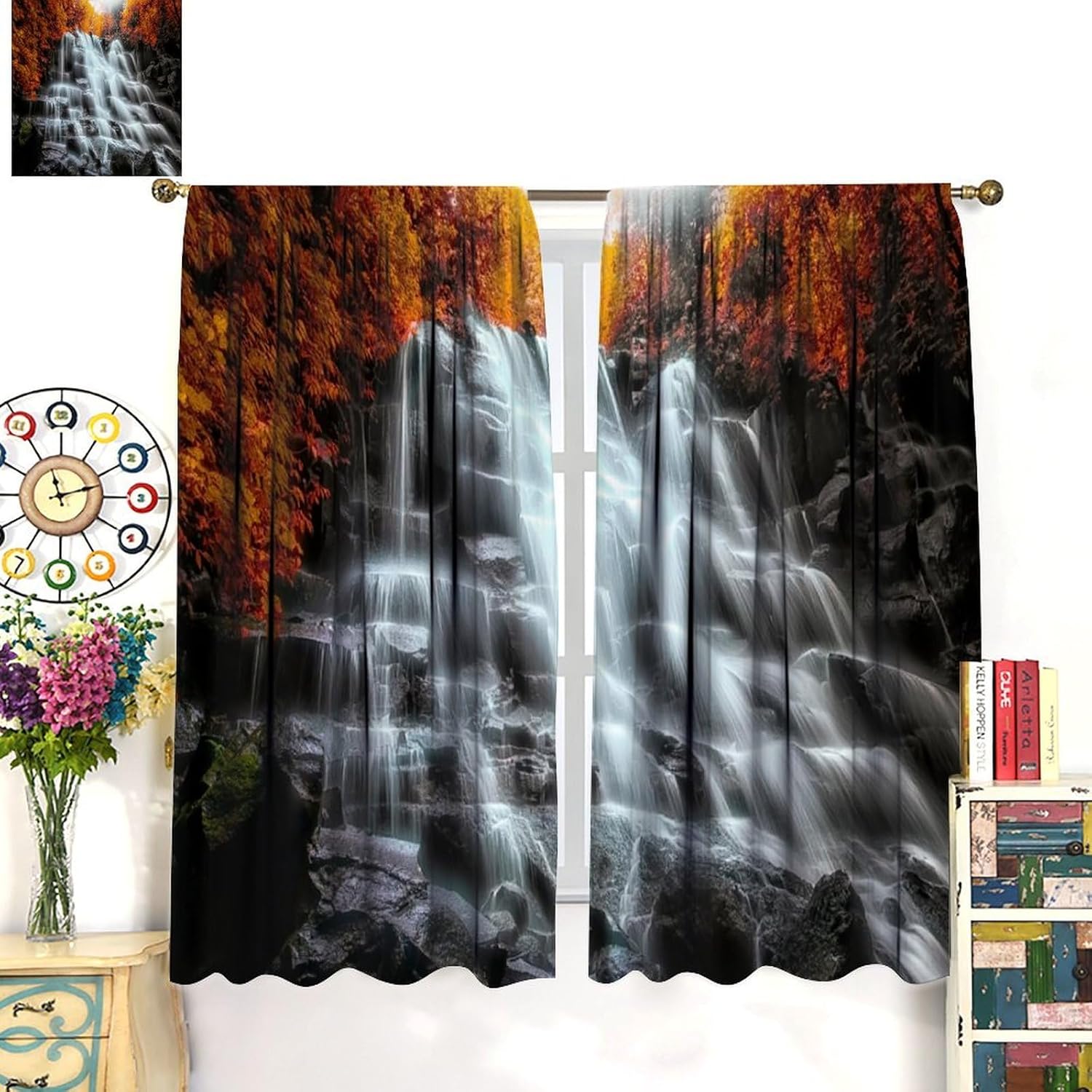 Waterfall Blackout Curtains，Fall Forest Tree Jungle Waterfall Autumn Nature Scenery Landscape Pattern Drapes Window 2 Panel Rod Pocket Curtain for Bedroom Living Room Decor 21" W X 45" L