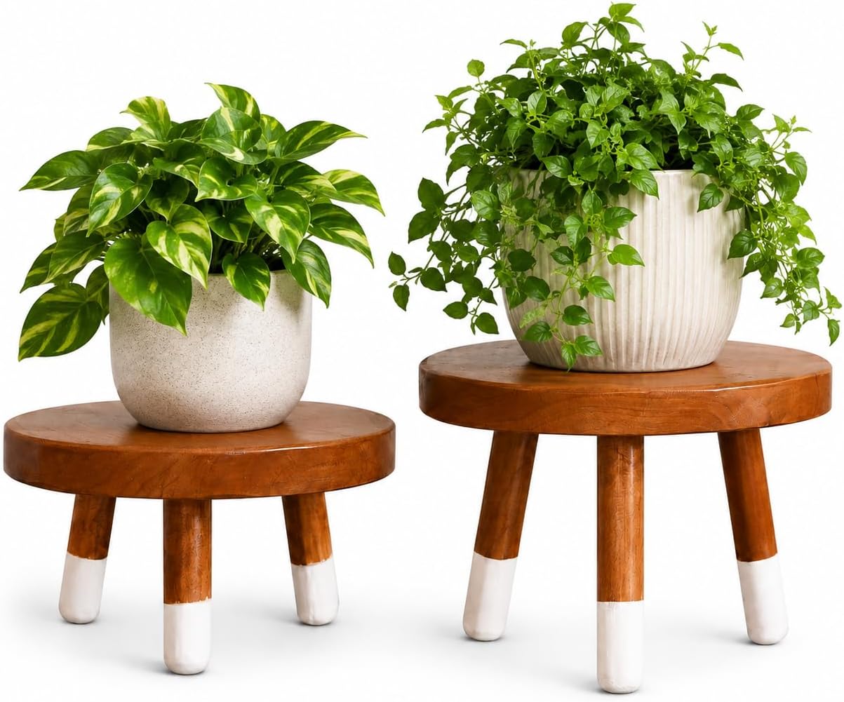 2 Pack 9" Teak Wood Plant Stands for Indoor Plants, Mid-Century