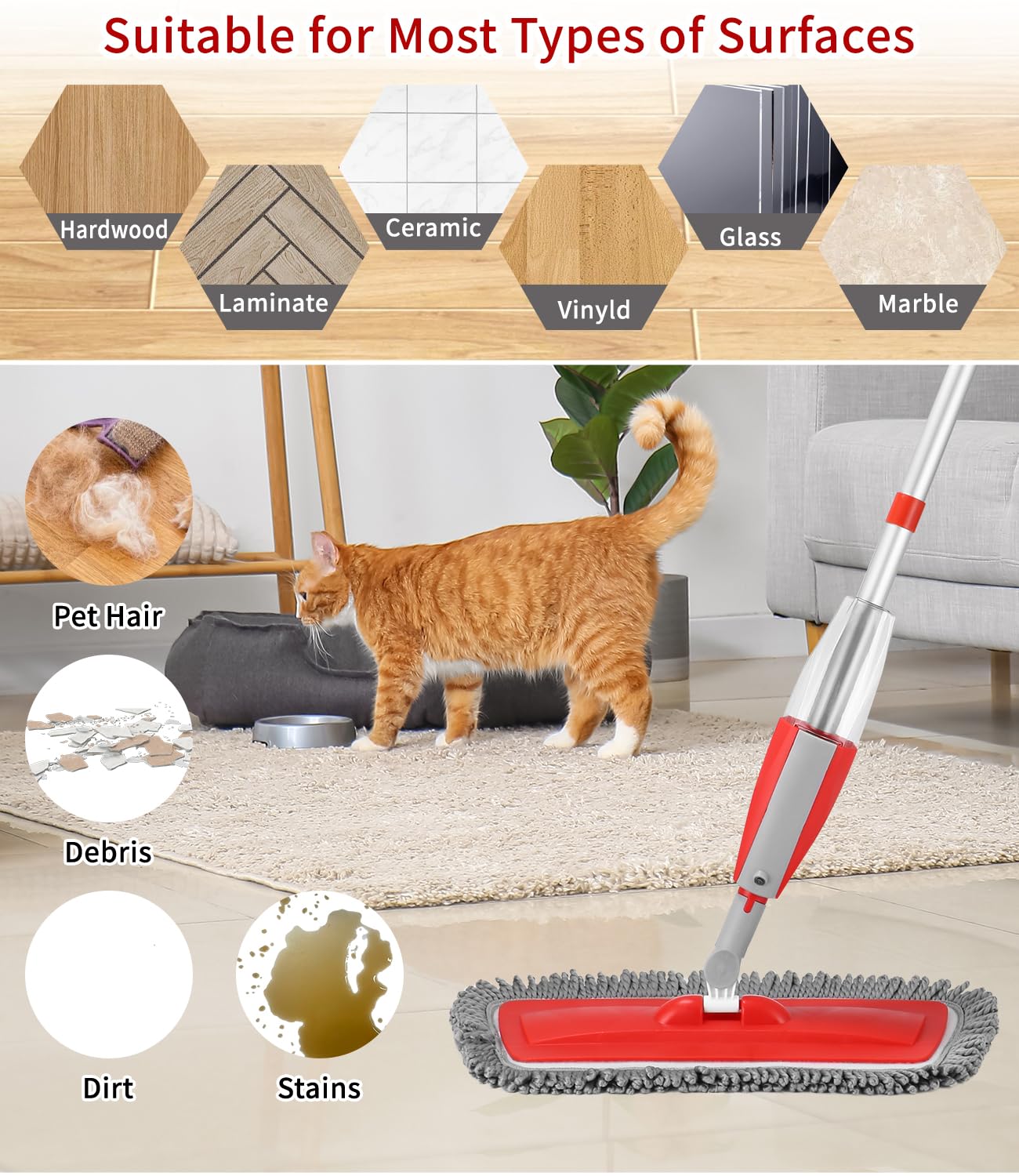 Balais Serpillère Vaporisateur, Balai Lave Sol avec Vaporise Spray Mop Microfibre Balai Pulvérisateur pour la Maison, la Cuisine, Le Bois Dur, Le Stratifié, Le Bois, la Céramique