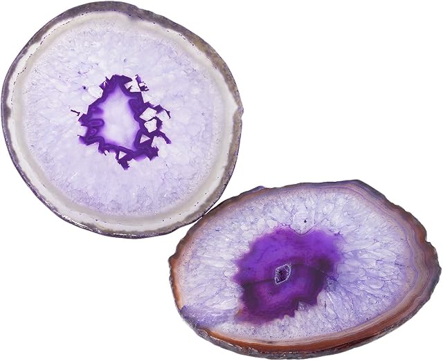 Shanxing Natural Agate Slice Geode Stone Coasters for Drinks, Crystal Quartz Cup Mats Coasters 3"-3.9" Sets of 2, Dyed Purple