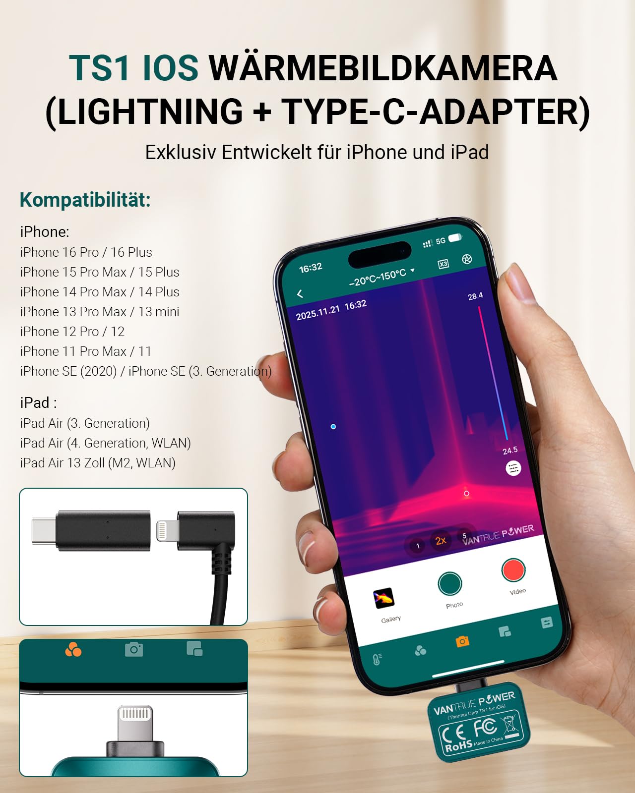 TS1 Wärmebildkamera Thermal für iOS iPhone iPad, Infrarotkamera Wärmebildkameras mit 512×384 Superauflösung Infrarot Kamera mit USB-C, -20°C bis 550°C, Haus-Inspektion 15x Zoom