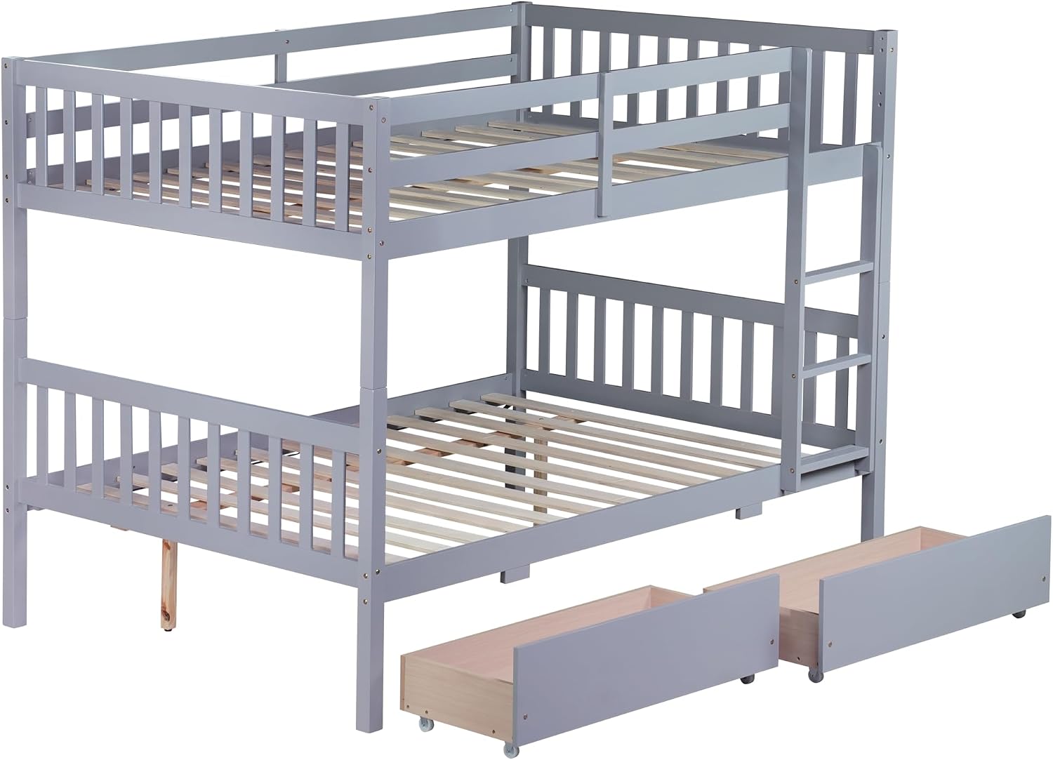 Full Over Full Bunk Beds with Ladders and 2 Storage Drawers, Bunk Bed Wood with Guardrail, Full Size Bunk Bed Can Be Converted into 2 Separate Beds, Grey