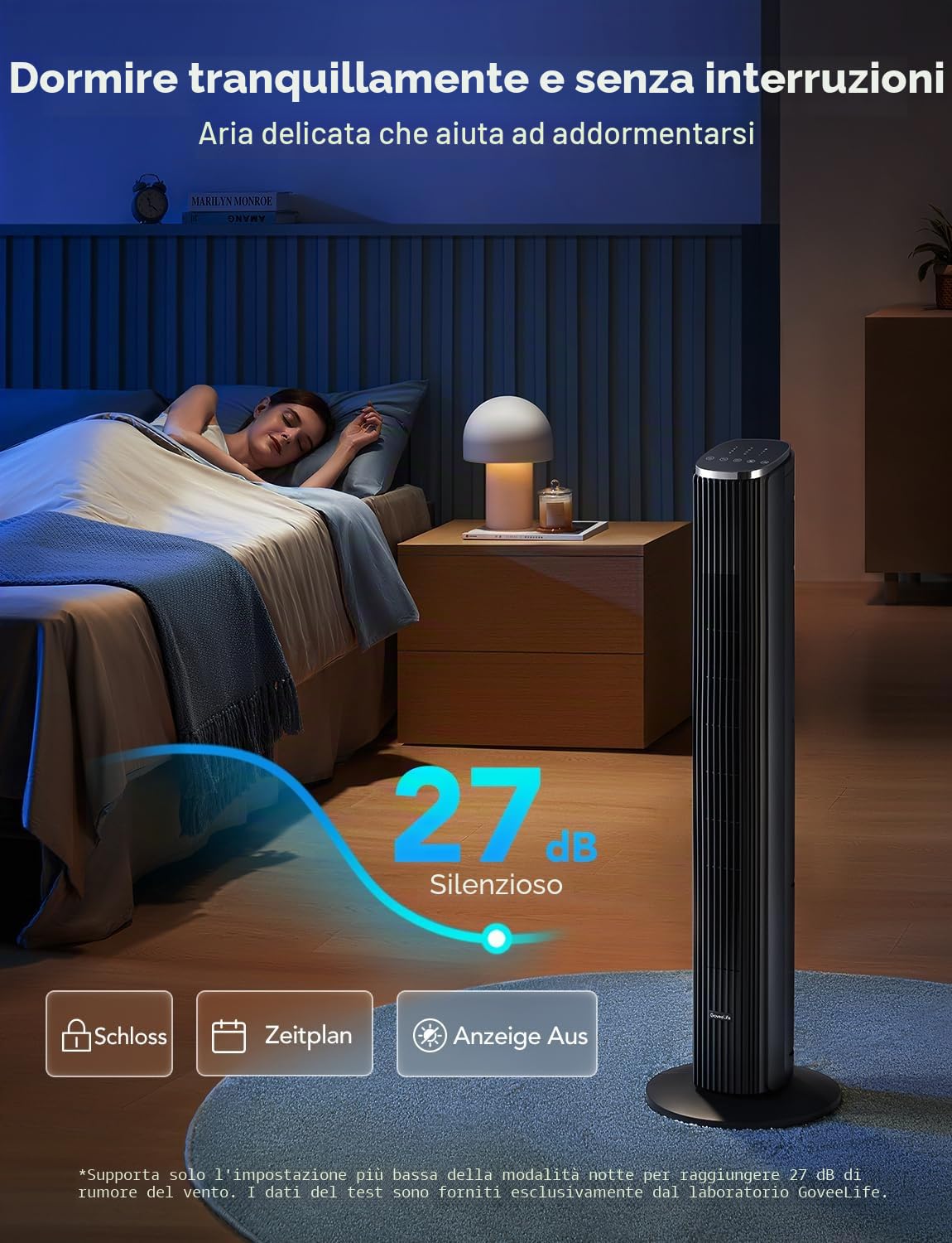 GoveeLife Ventilatore a Torre Intelligente Silenzioso 75 Gradi Oscillazione | Controllo tramite App e Comando Vocale, 5 Modalità, 8 Livelli, Timer da 24 Ore per la Funzione Raffreddamento
