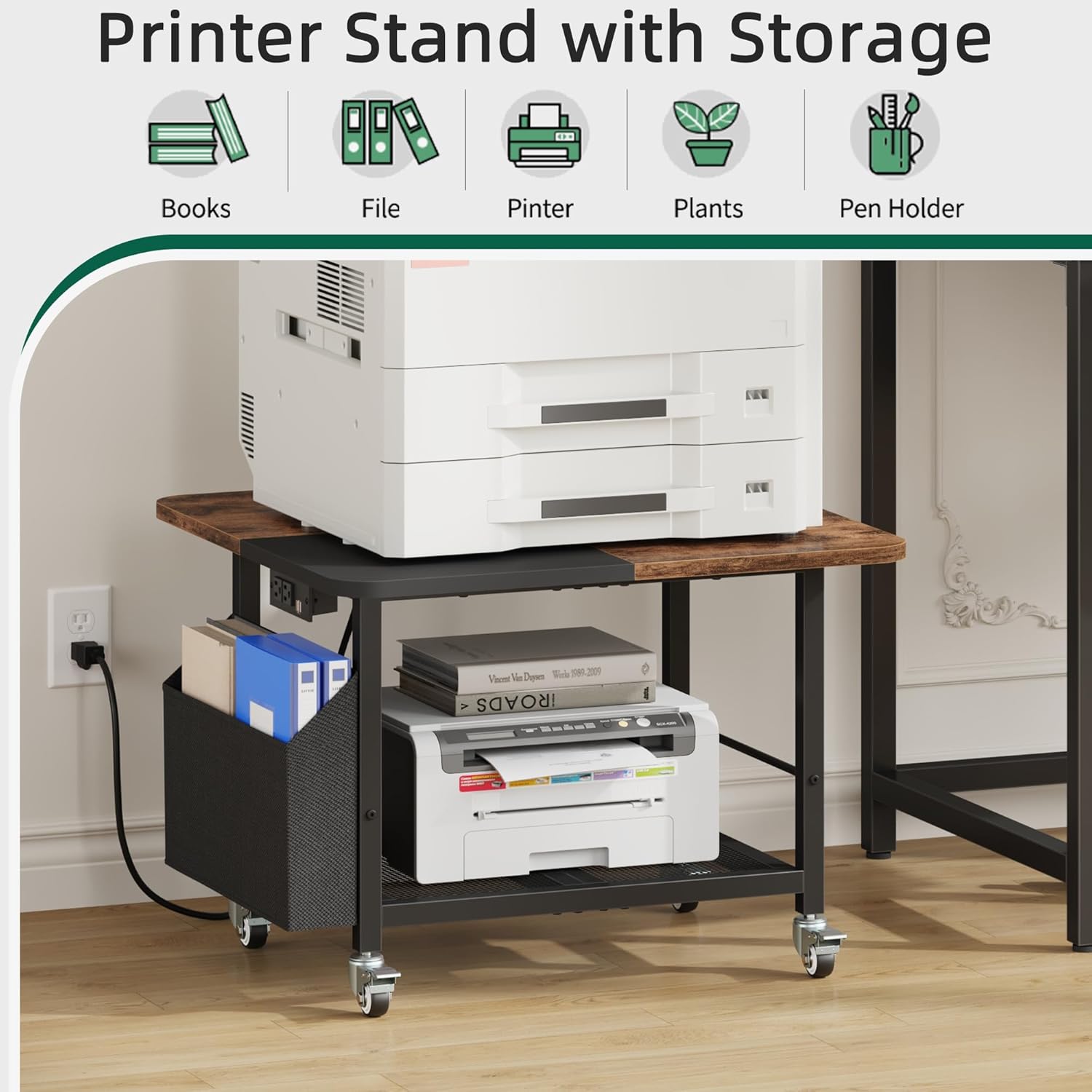 YAOHUOO 23.6"×23.6" Large Priner Stand with Power Outlet, Printer Table with Storage Side Pocket, Heavy Duty Rolling Cart for Home Office 3D Printer/Laser/Heat Press Table, Rustic Brown