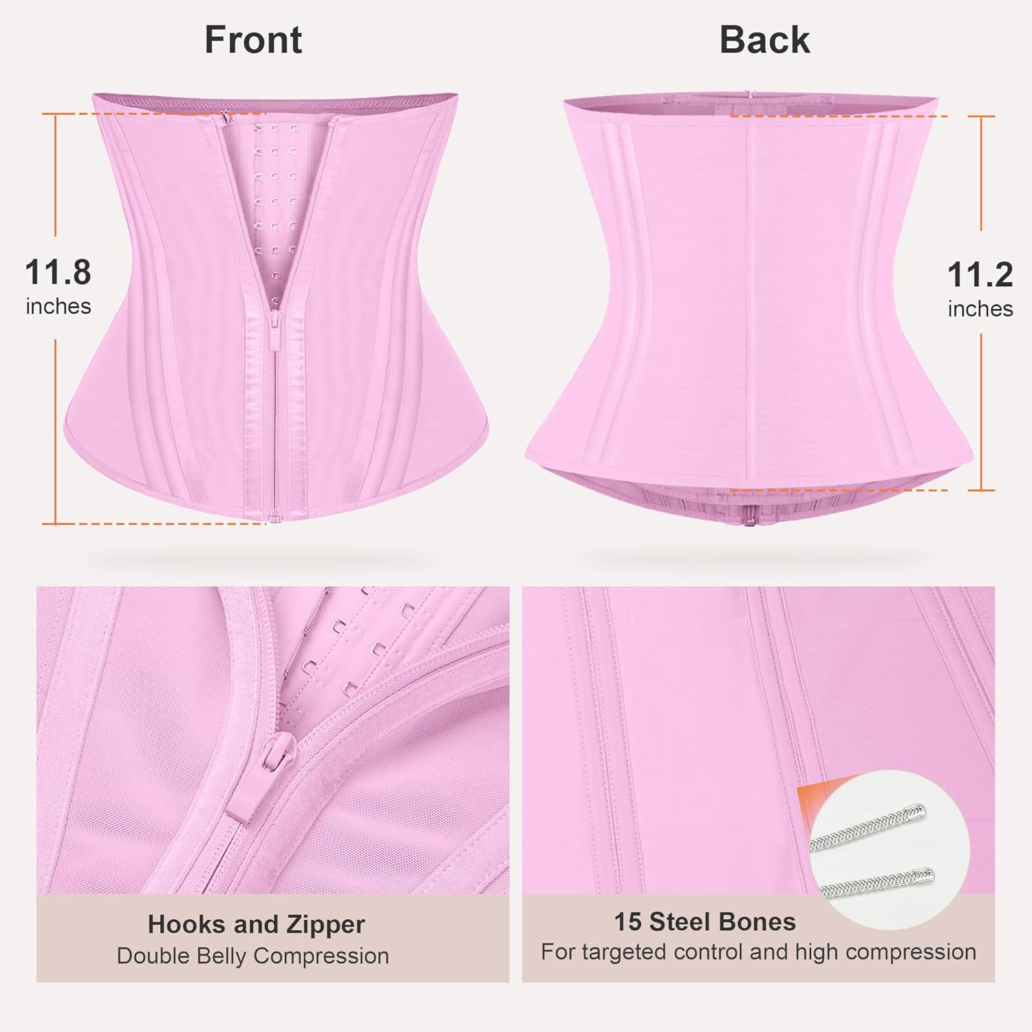 SHAPERX Waist Trainer for Women Corset Shapewear Tummy Control Sport Workout Waist Cincher Body Shaper Zipper and Hooks - Image 3