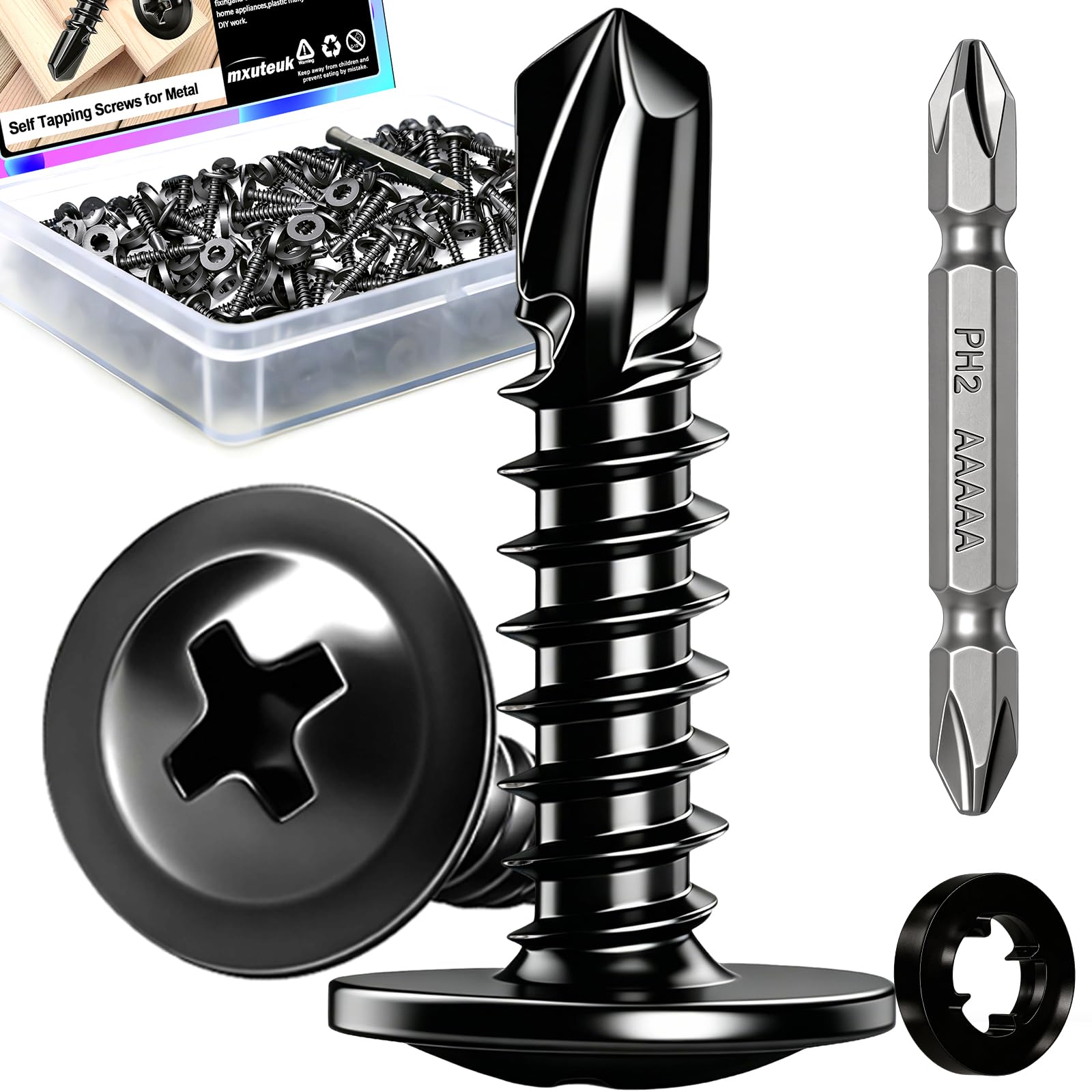 mxuteuk 230PCS #8 Self Tapping Screws for Metal,410 Stainless Steel Self Drilling Screws,1/2",5/8",3/4",1",1-1/4" Truss Head Sheet Metal Screws with Rubber Washers for Metal,Plastic,Wood(115pcs Sets) — Amazon image 24