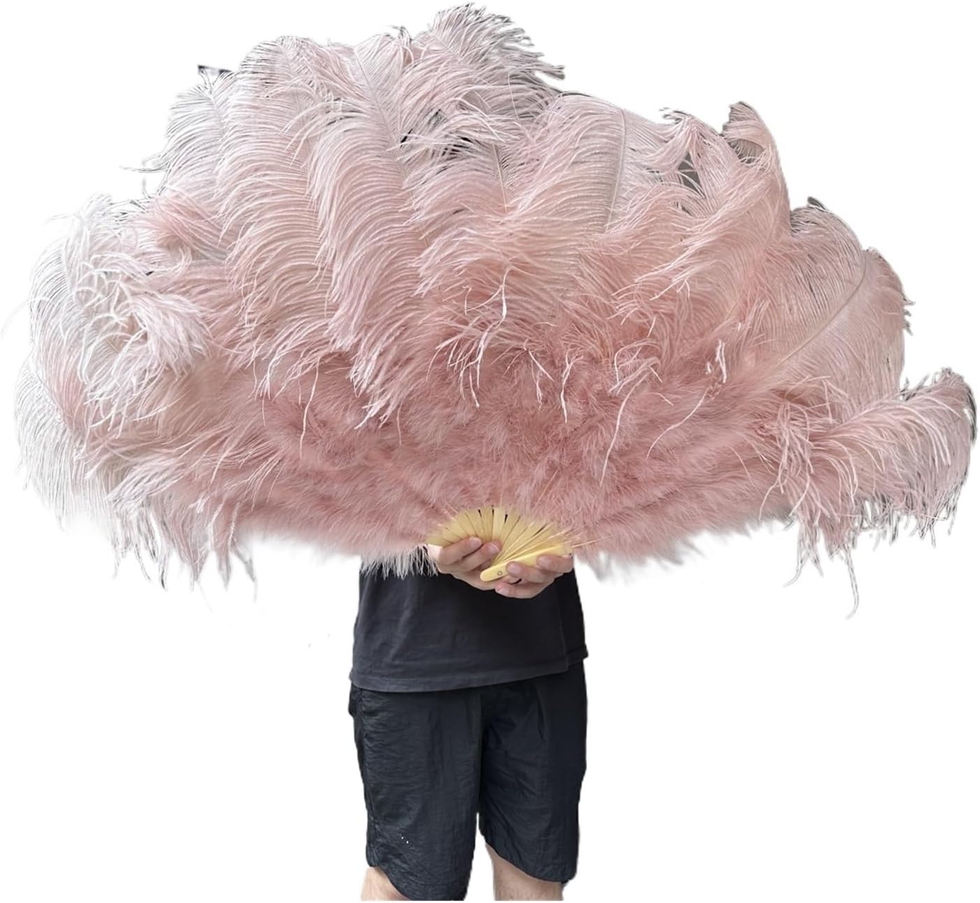 Ostrich Feather Fan 13Bone Handheld Dance for Wedding Carnival Party Belly Perform Photography Props(Leather Pink,130CM 1PCS Left)