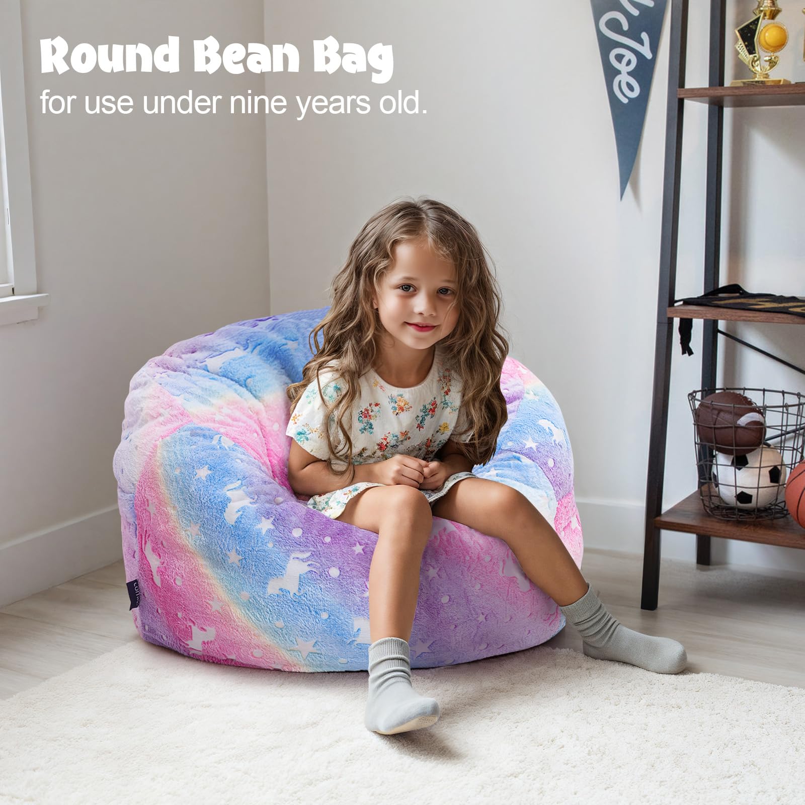 MeMoreCool Pouf poire pour enfants se transforme en pouf, fauteuil poire pour enfant fille et garçon, lit - Canapé pour enfants paresseux avec rembourrage - 75 x 75 x 47 cm, licorne lumineuse