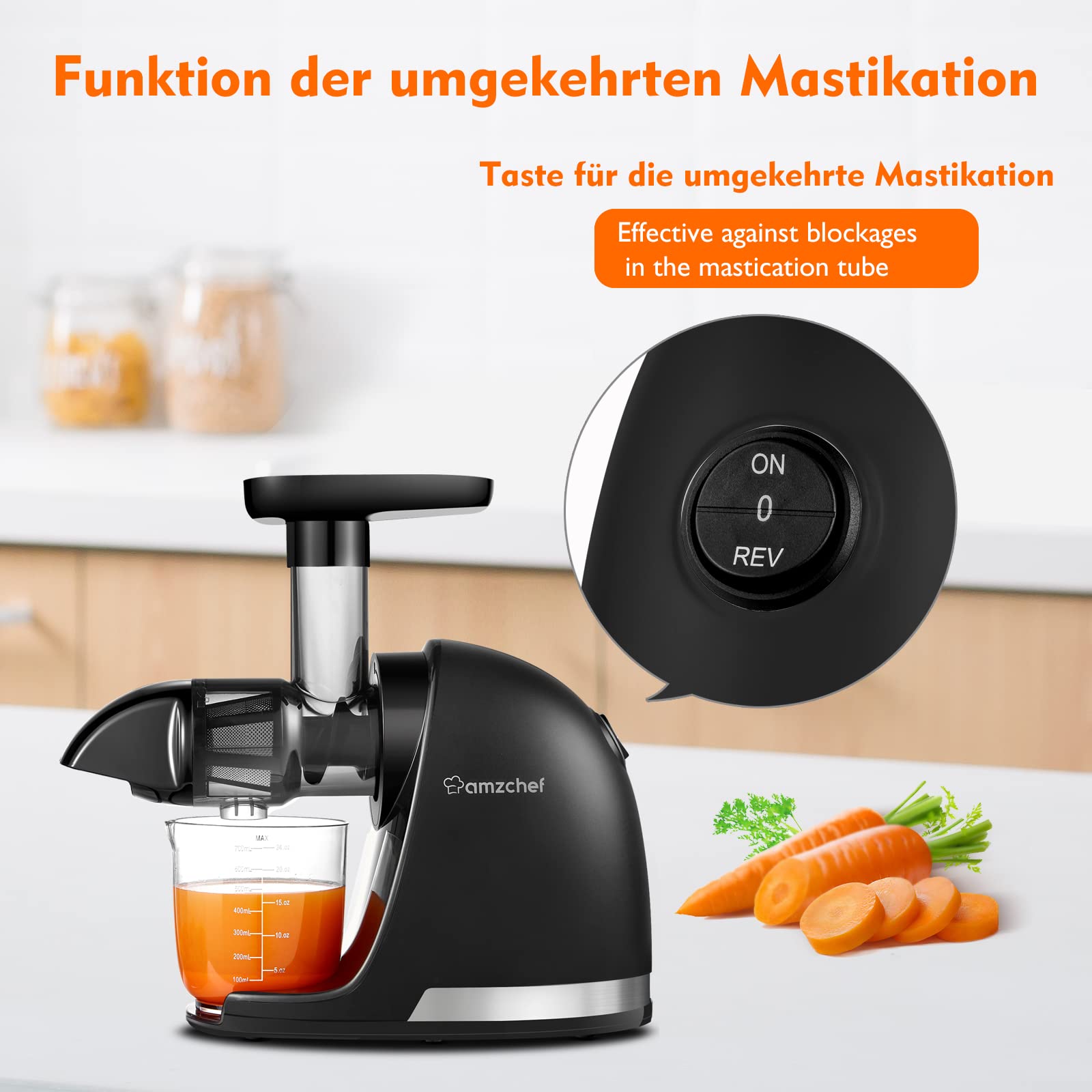 Amzchef Entsafter Gemüse und Obst Testsieger - Entsafter Slow Juicer mit Rückwärts-Kau-Funktion - Zartes Zerkleinern ohne Filtern - Saftpresse Elektrisch mit Bürste und 2 Tassen - Mattschwarz – Bild 8