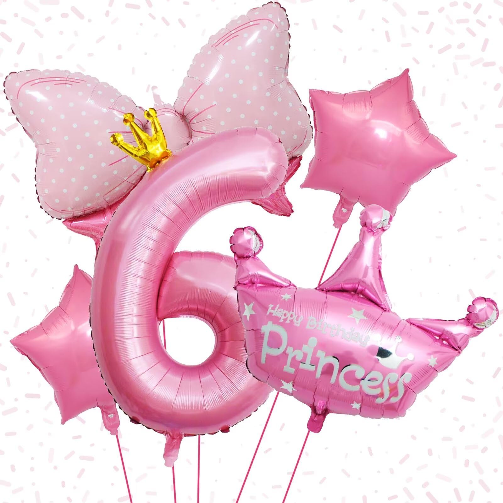 Pink 6th Birthday Decorations Set With 40 Inch Number 6, Large Helium Foil Mylar Princess Crown Balloon, Bow Foil Balloons for Girls Birthday Party