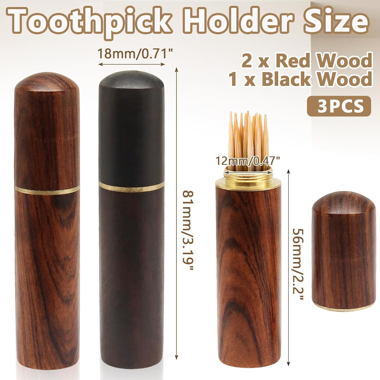 Piutouyar 3 Pcs Wooden Toothpick Holder, Toothpick Case, Black & Red Wood image 3