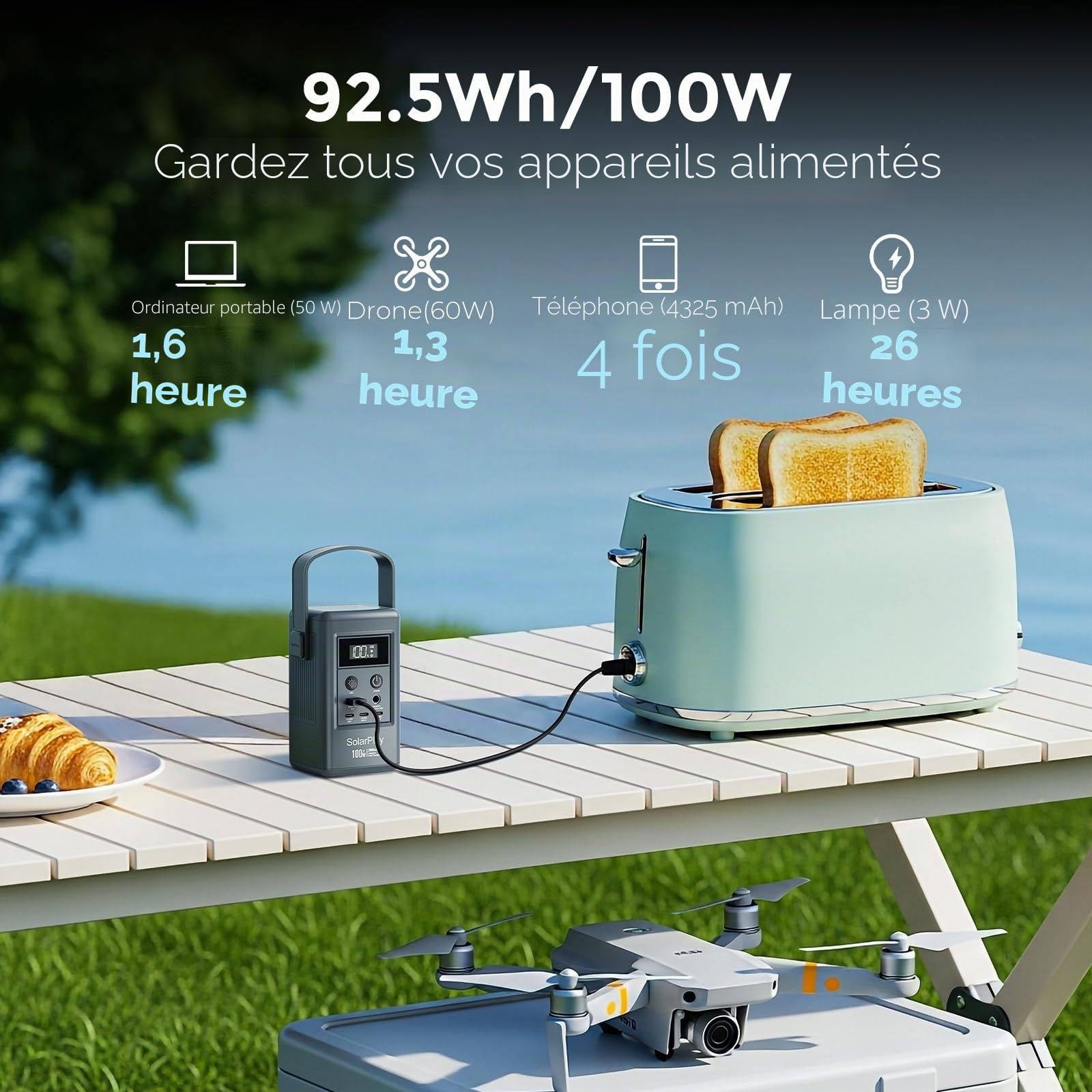 SolarPlay Q100 Station d'énergie portable de 100 W, petit générateur avec prises de courant/CC/USB/lumière LED, batterie externe de 92,5 Wh pour camping, secours domestique et coupures d'urgence